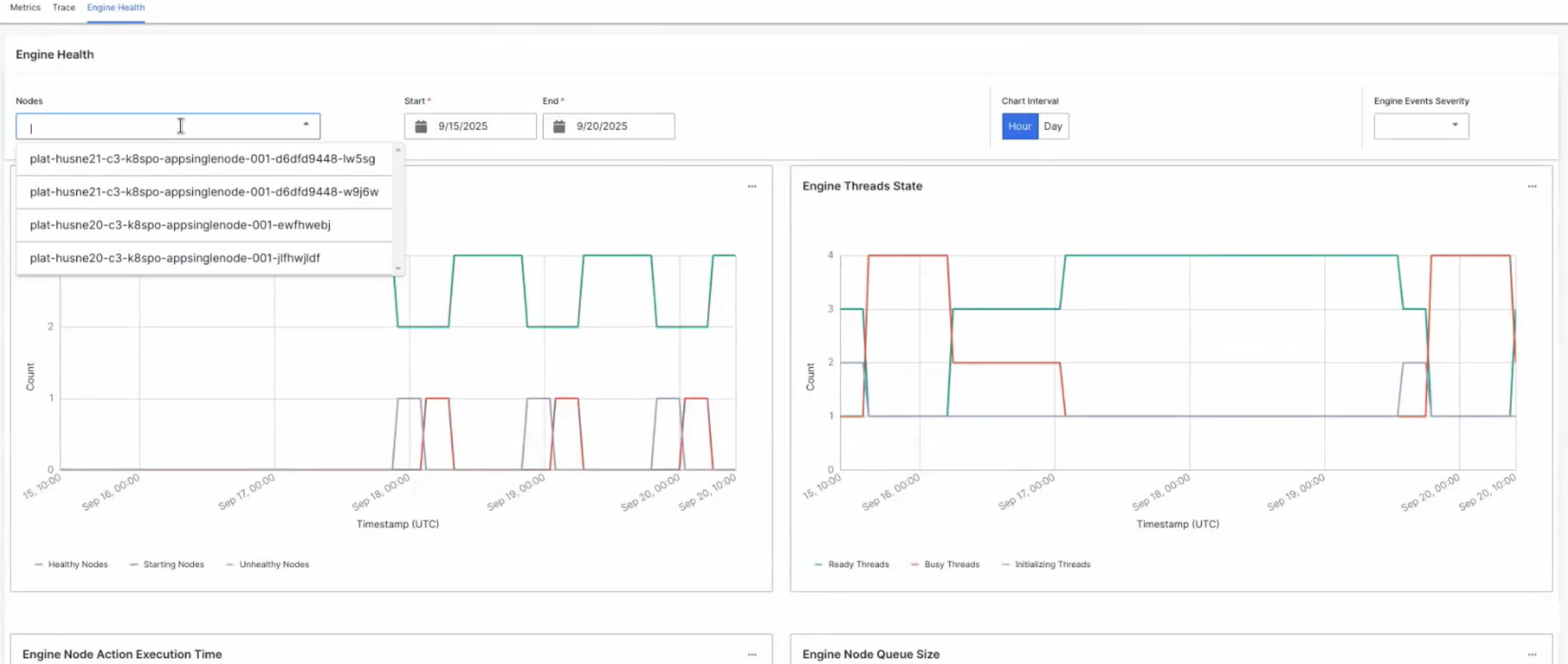 Engine Health filters - screenshot of the filter bar with the Nodes selector, Start/End date pickers, Chart Interval, and Engine Events Severity