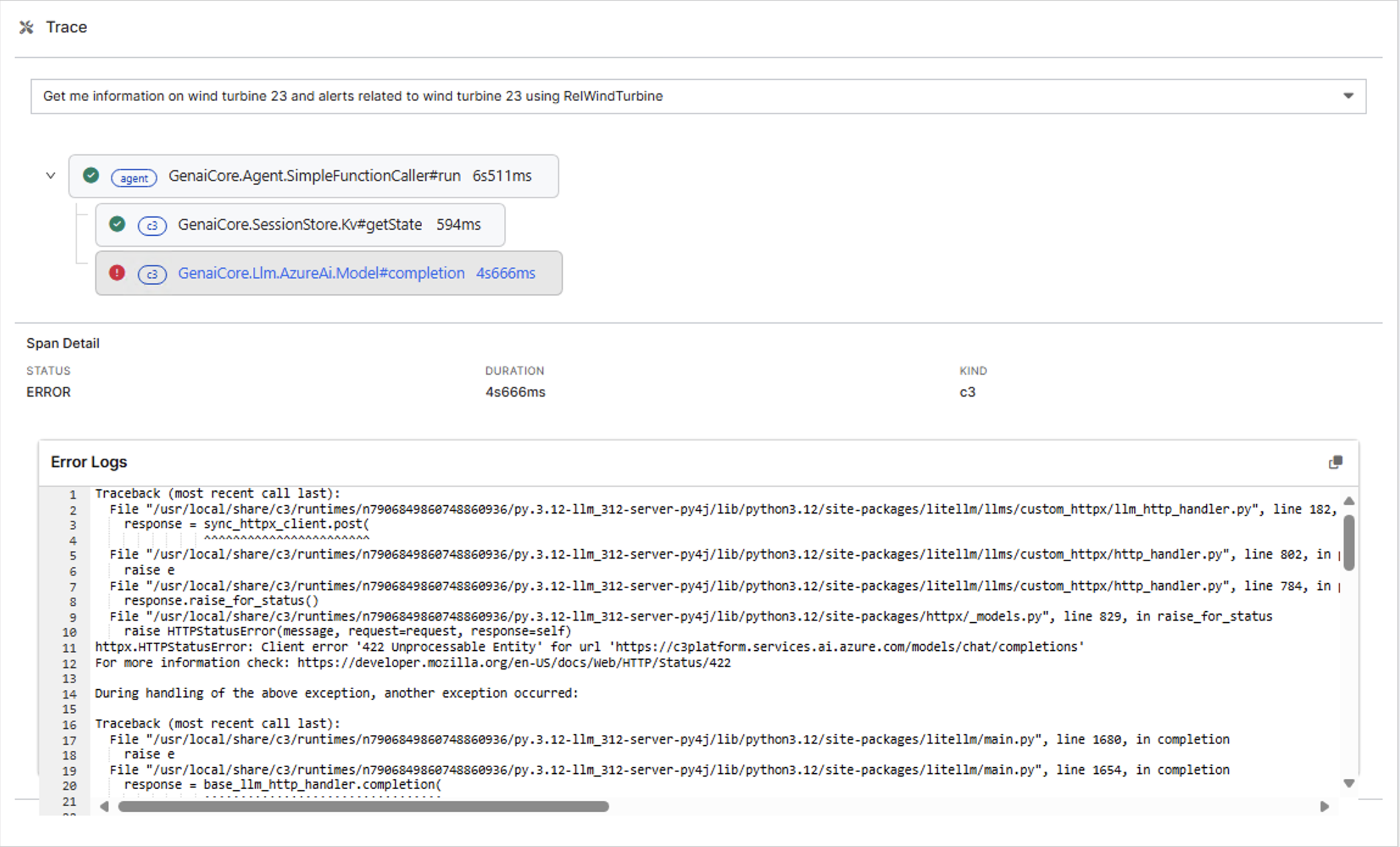Error state in trace panel