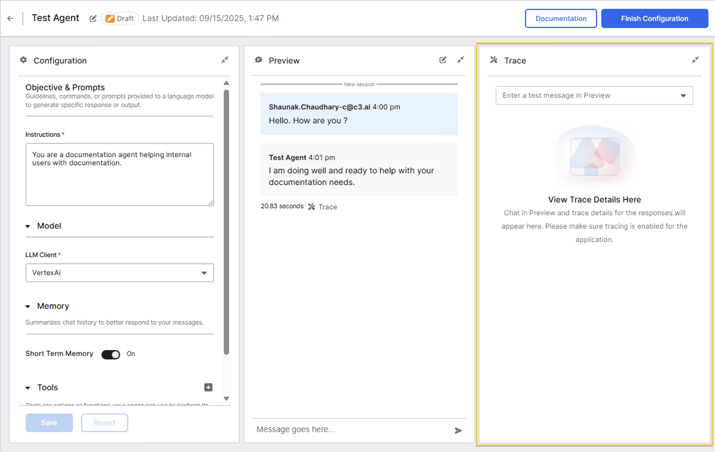Agent workbench with three panels