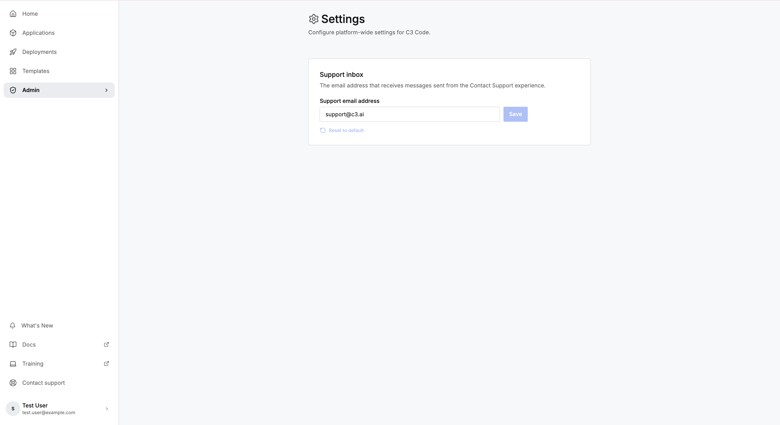 Settings page with the Support inbox card and the support email address field