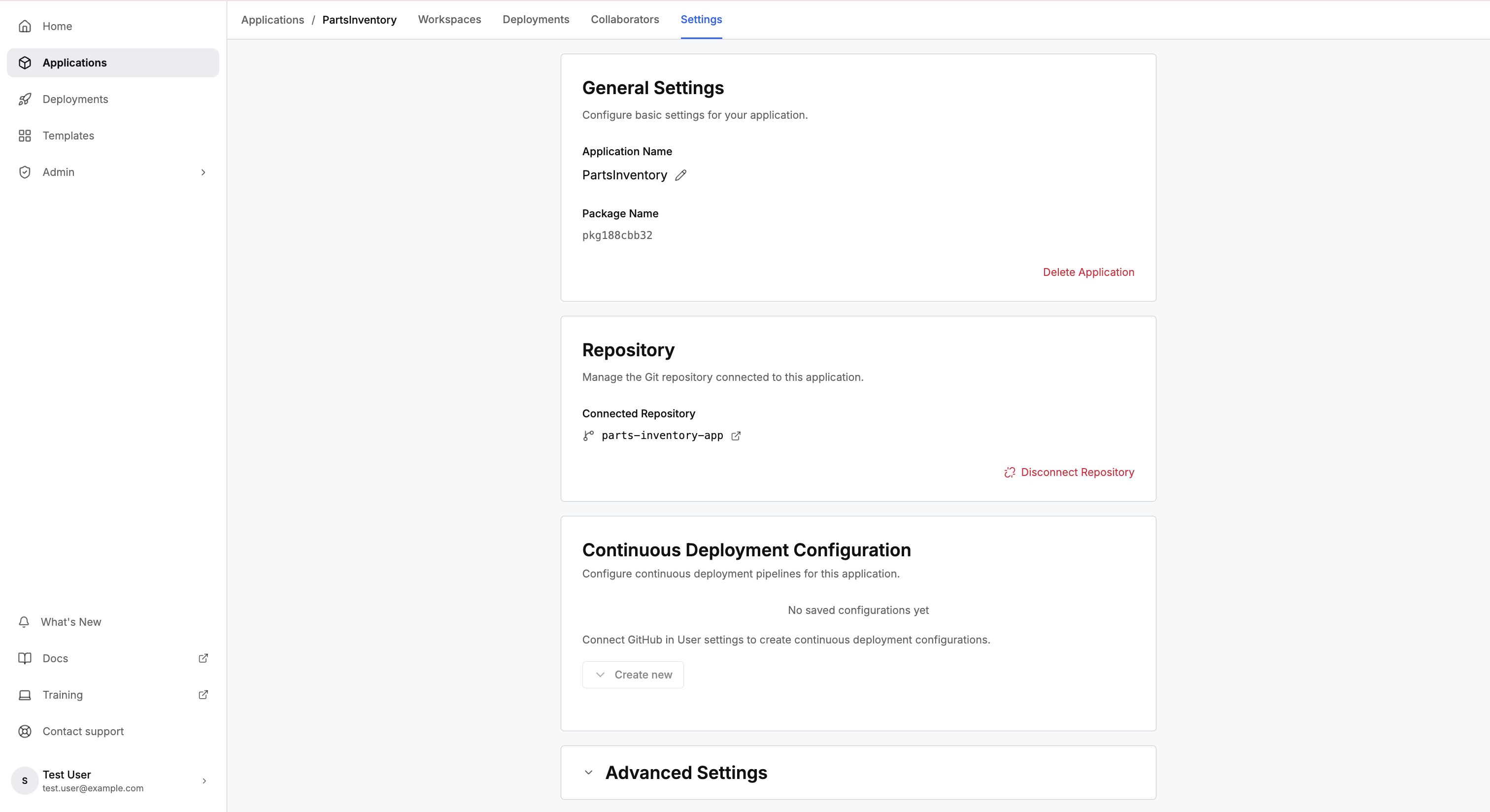 Application Settings tab showing general settings, repository, and continuous deployment sections
