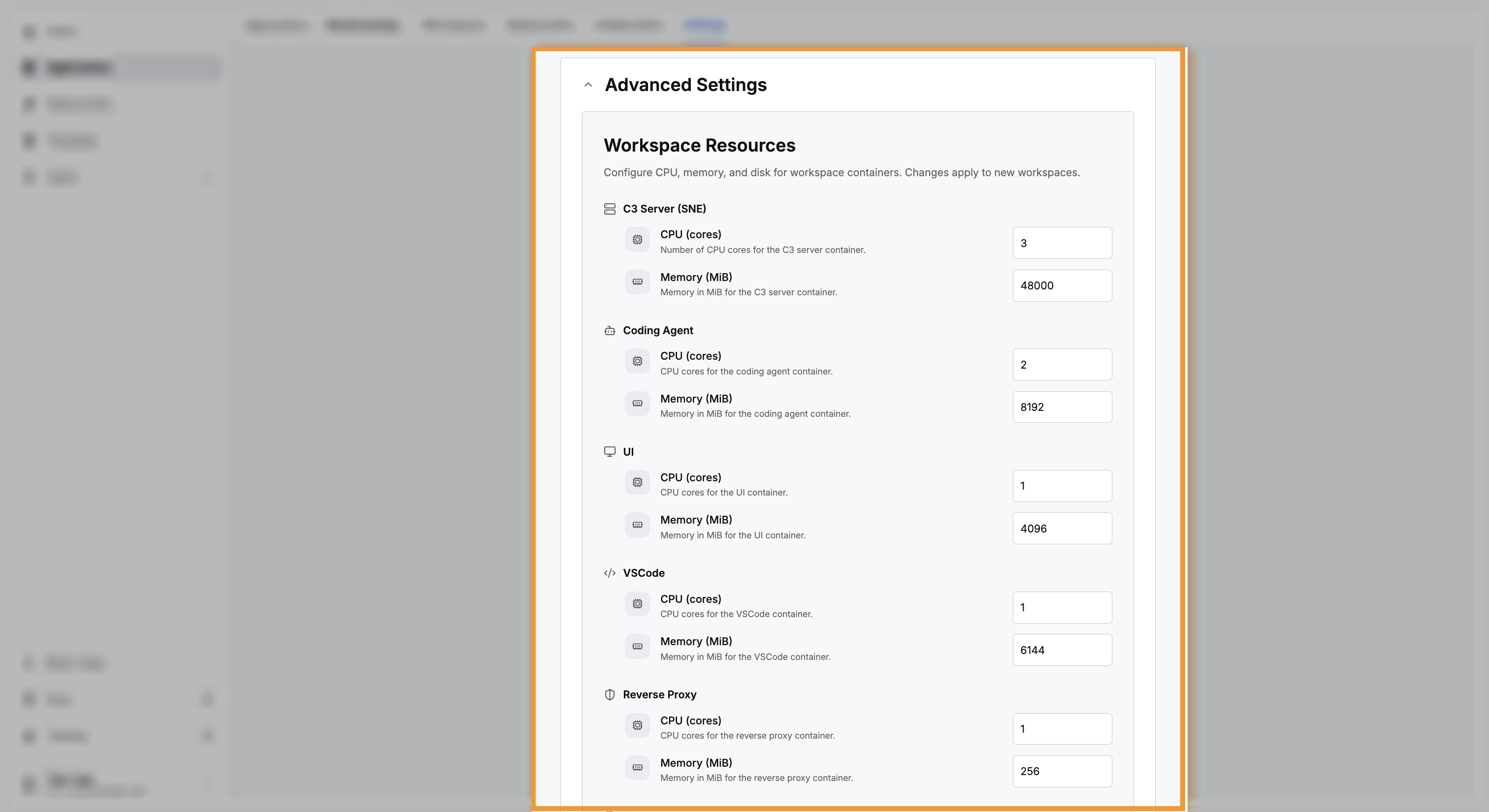 Advanced settings showing CPU and memory fields for each part of a workspace