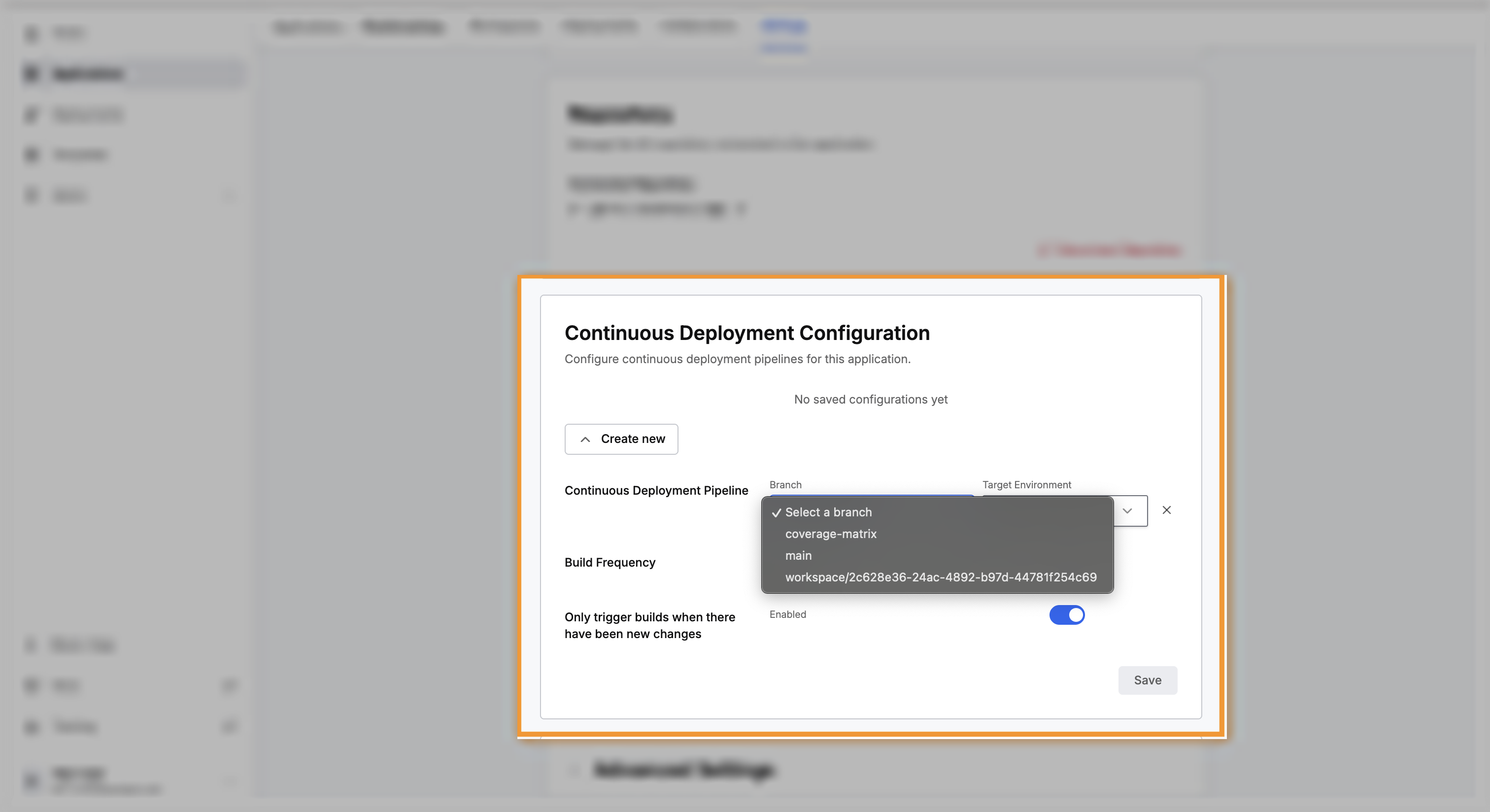 Continuous deployment configuration with a branch selected