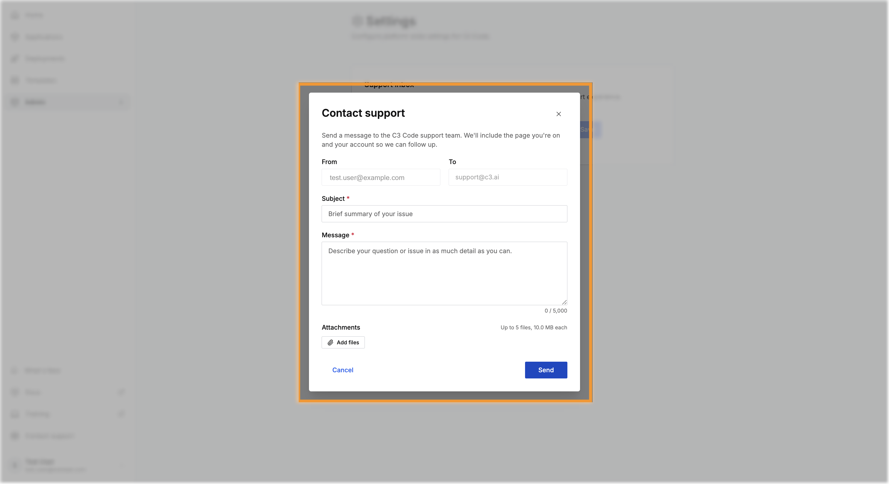 Contact support form with locked From and To fields, a Subject box, a Message box, and an Add files control