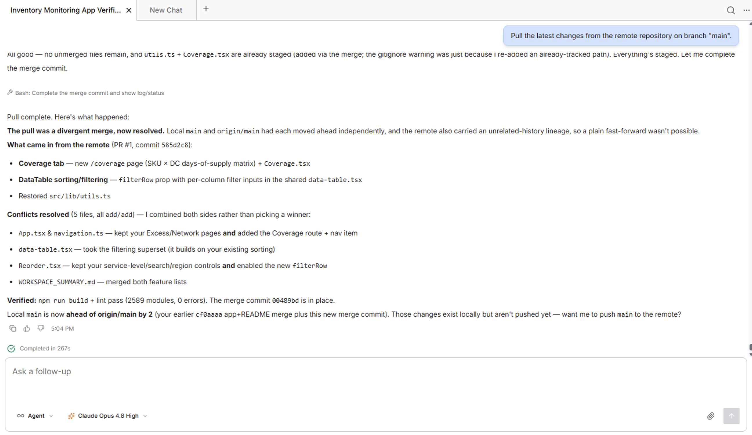 Agent reporting a completed merge with each conflicted file and how the file was resolved