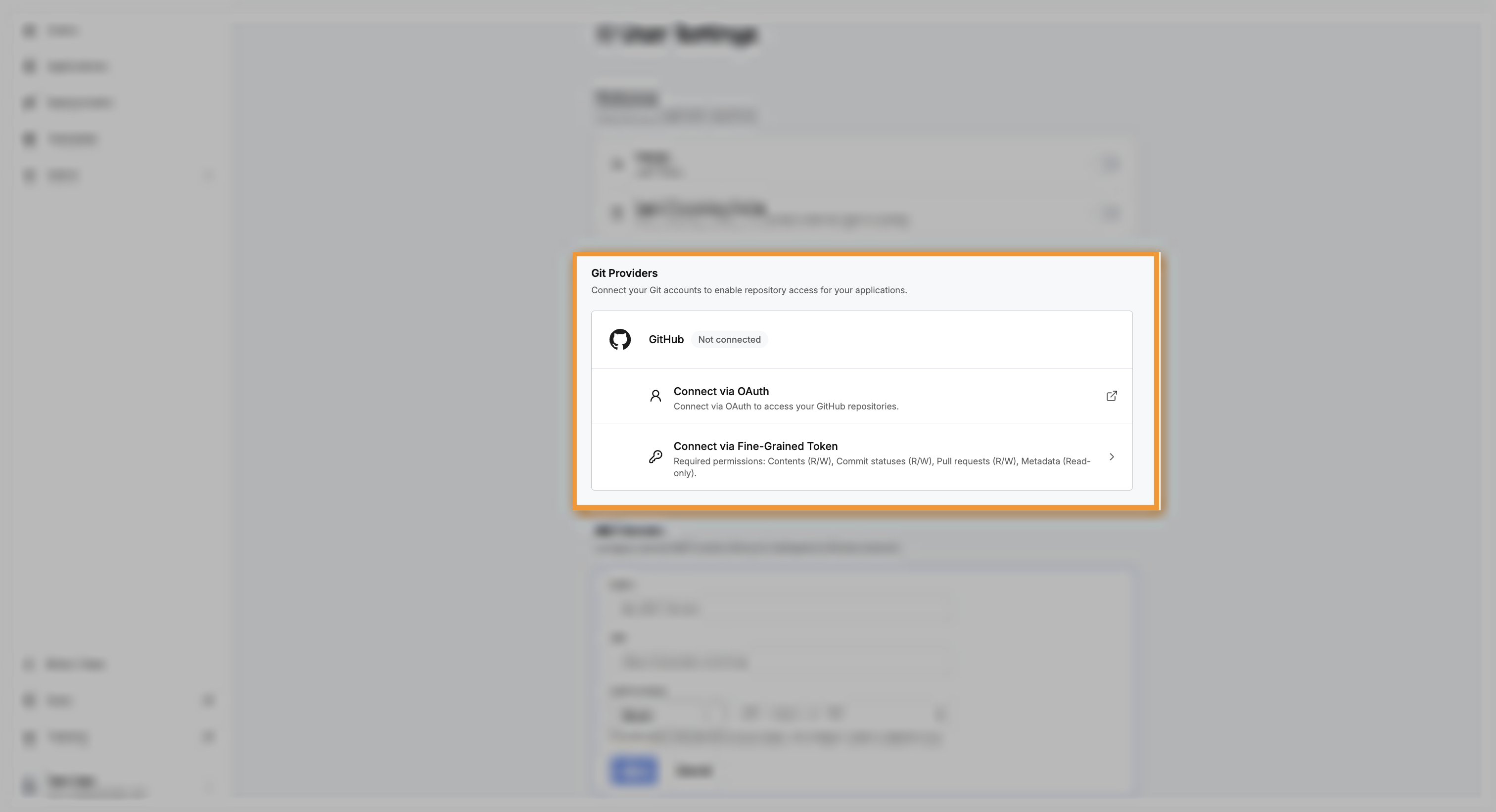 Git Providers section with the OAuth and fine-grained token options