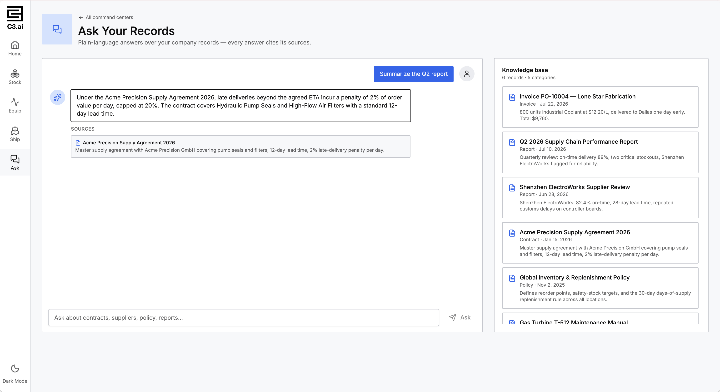 A chat answering a question over company records, with the sources it cited