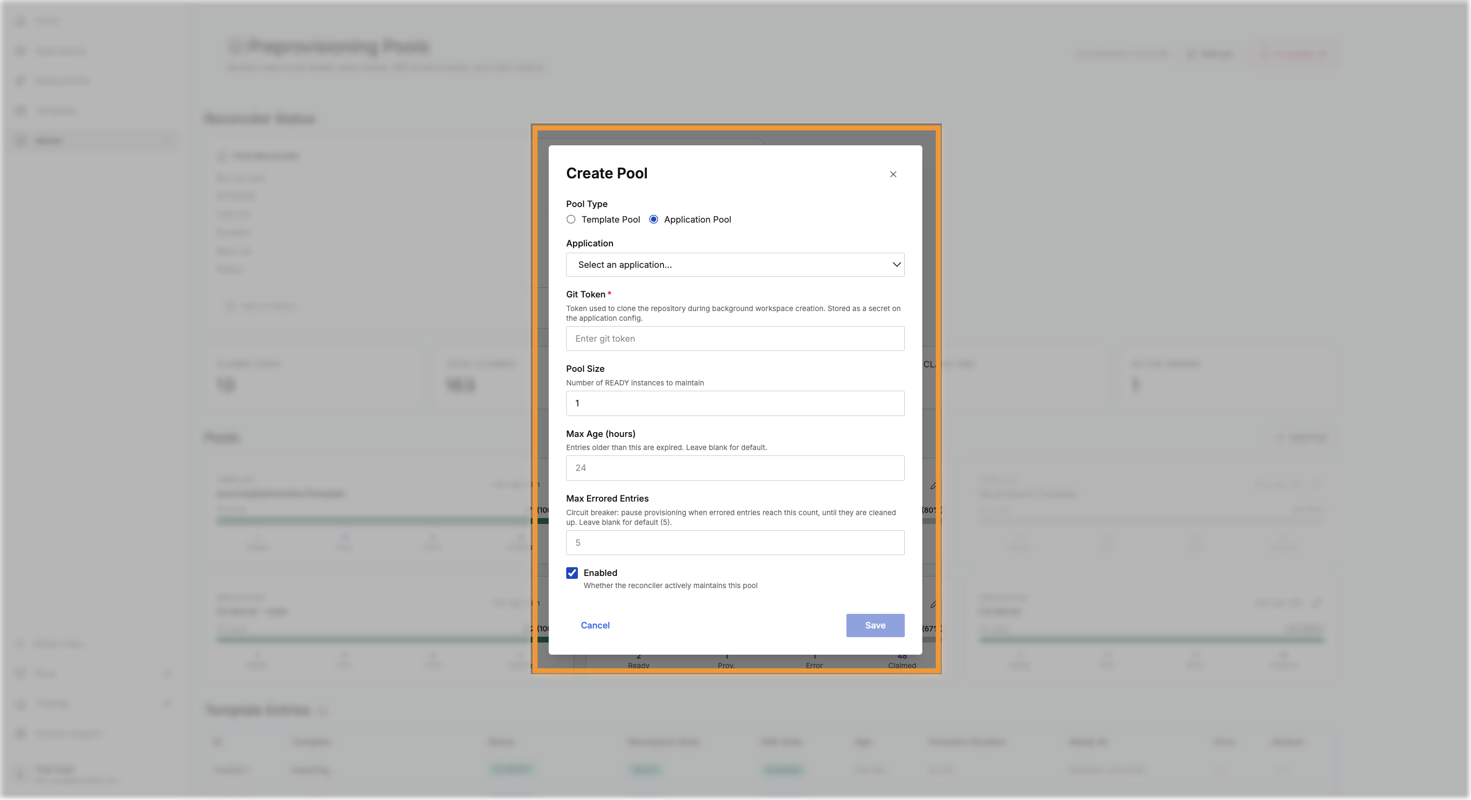Create Pool dialog set to Application Pool, with the application selector, git token field, pool size, max age, max errored entries, and the enabled toggle