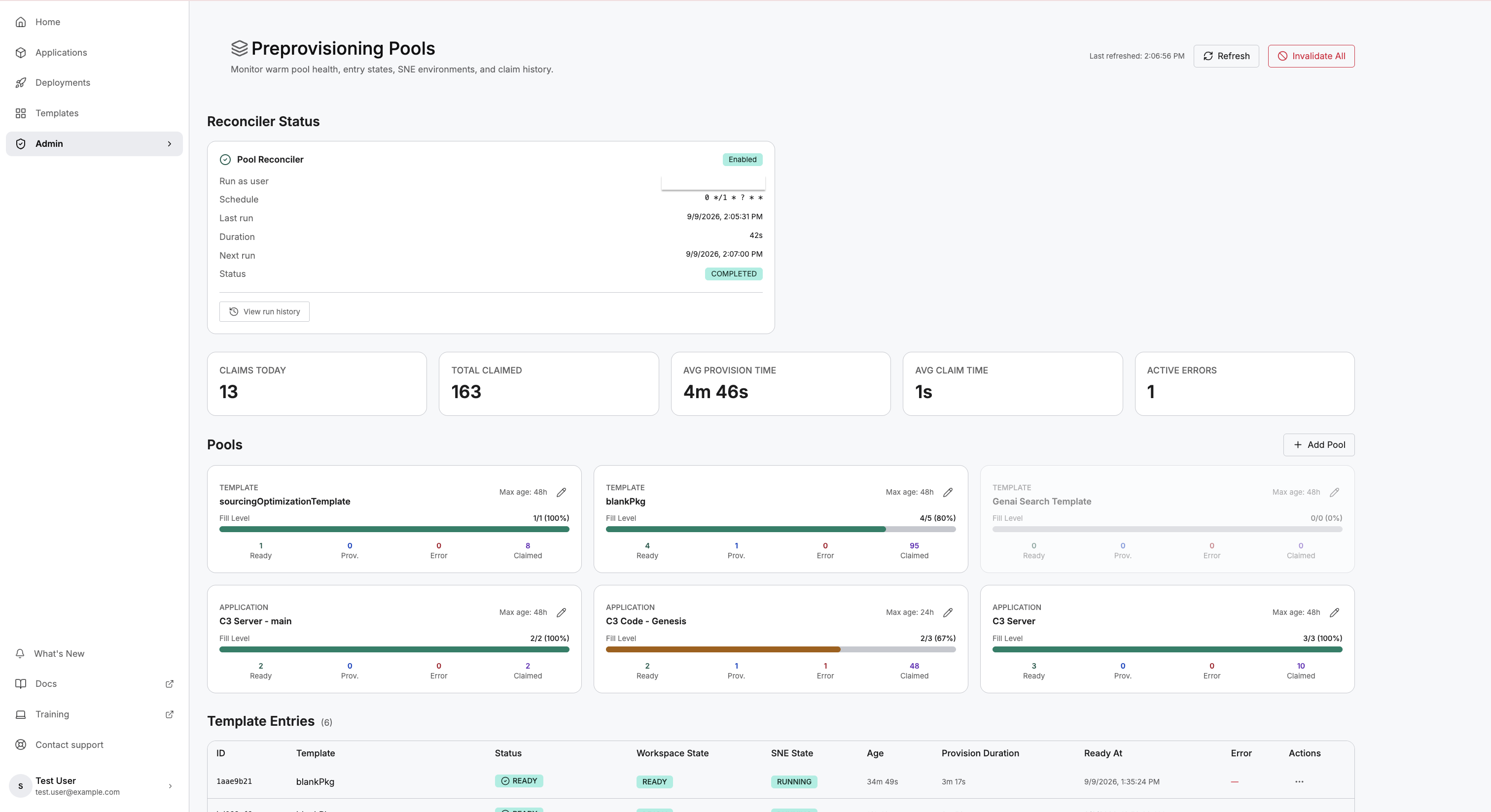 Preprovisioning Pools page showing the Reconciler Status card, the five summary figures, the pool cards, and the Template Entries table