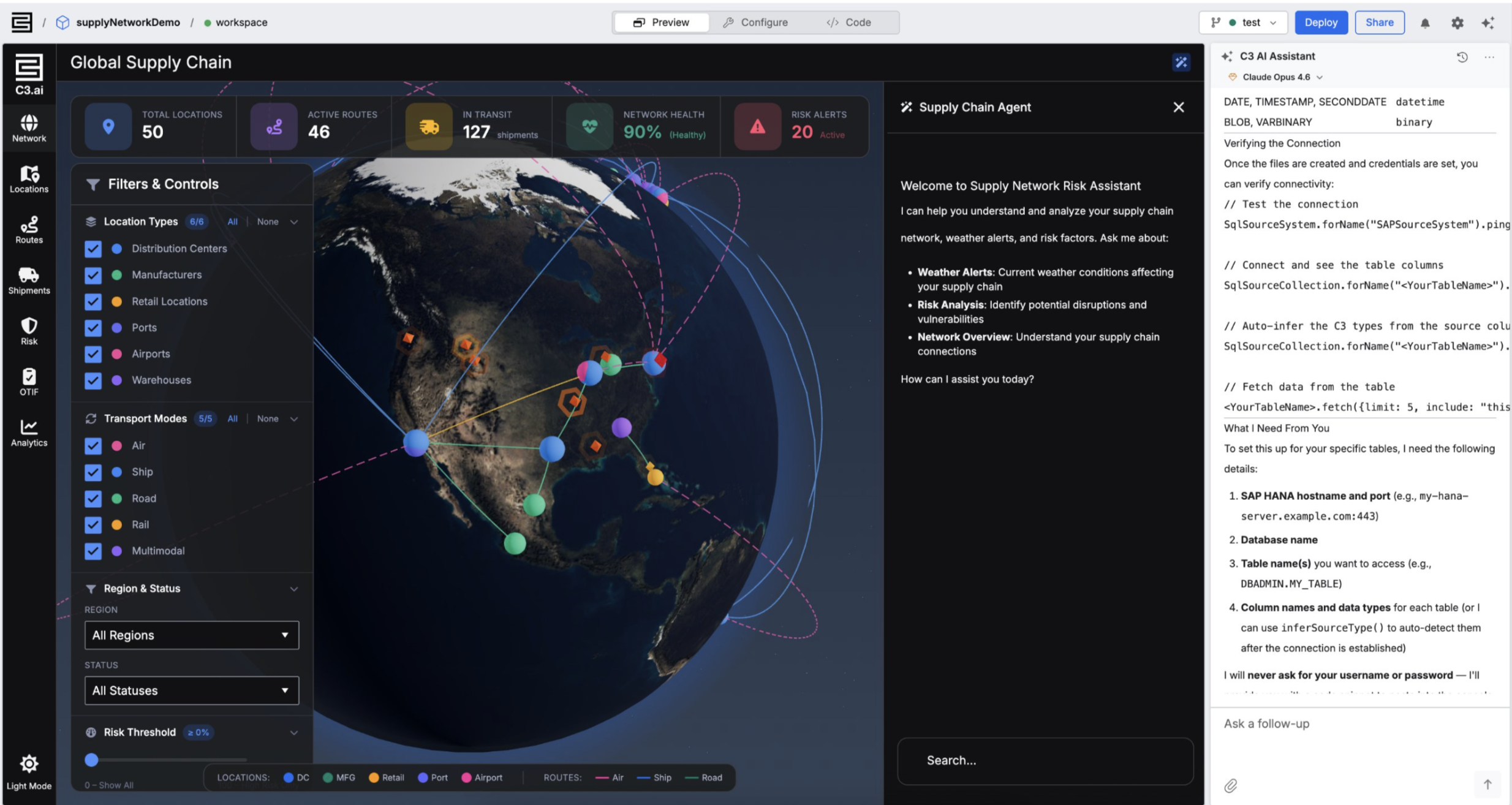 A supply chain application built in C3 Code, with a network map, summary metrics, and the AI assistant panel