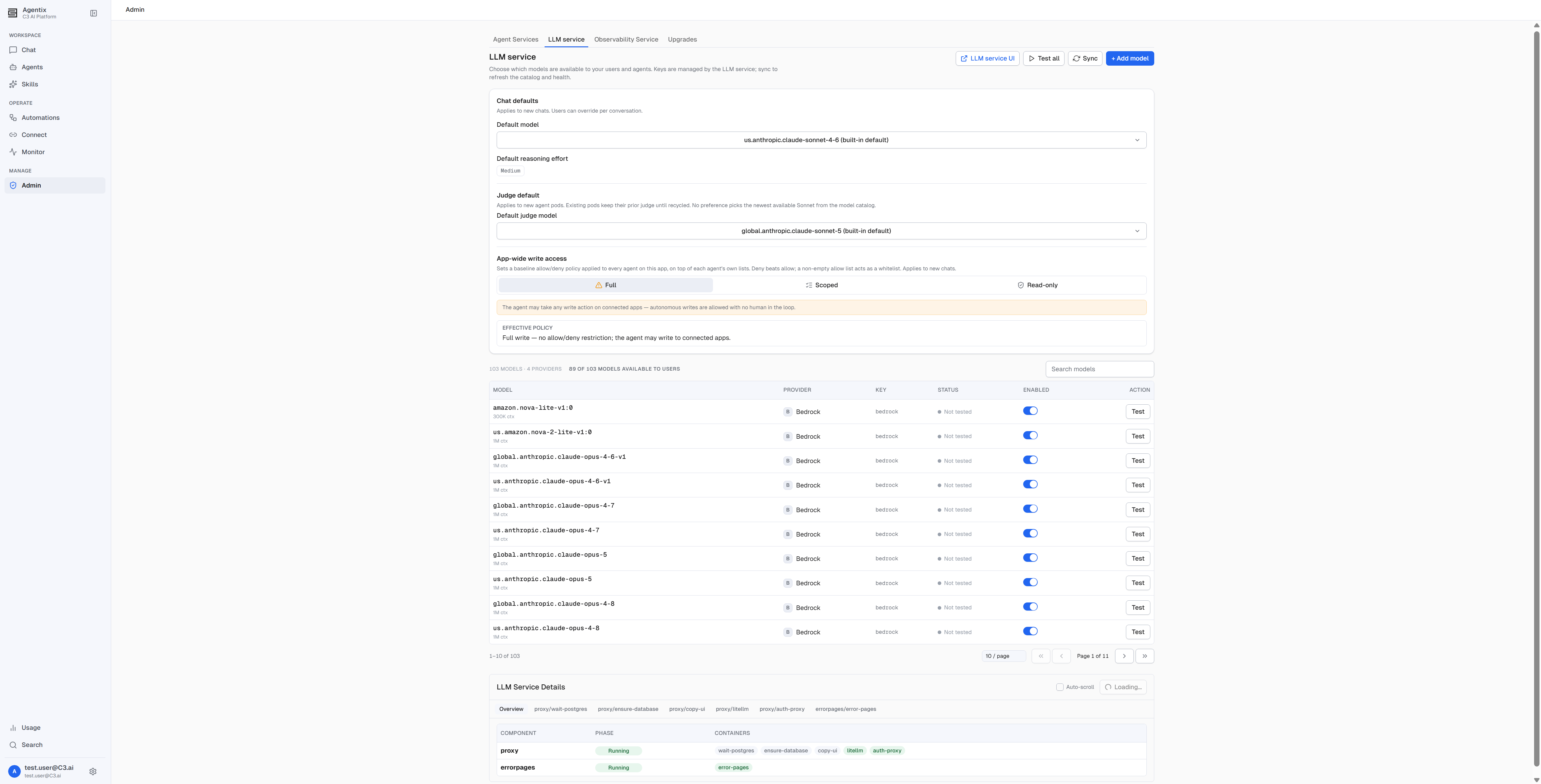 The LLM service tab, listing each registered model with its provider, health status, and Enabled switch