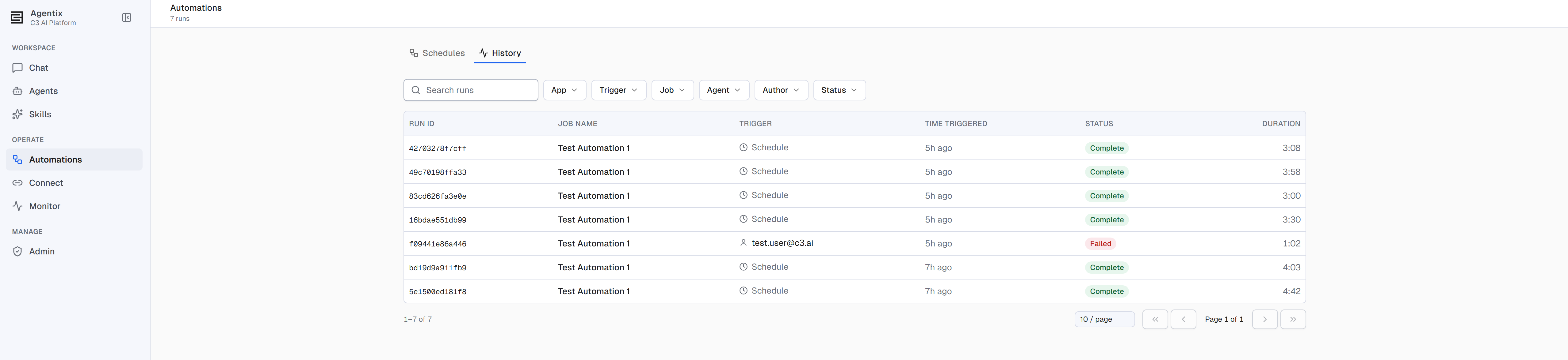 The History tab listing runs with run ID, job name, trigger, when it fired, status, and duration columns