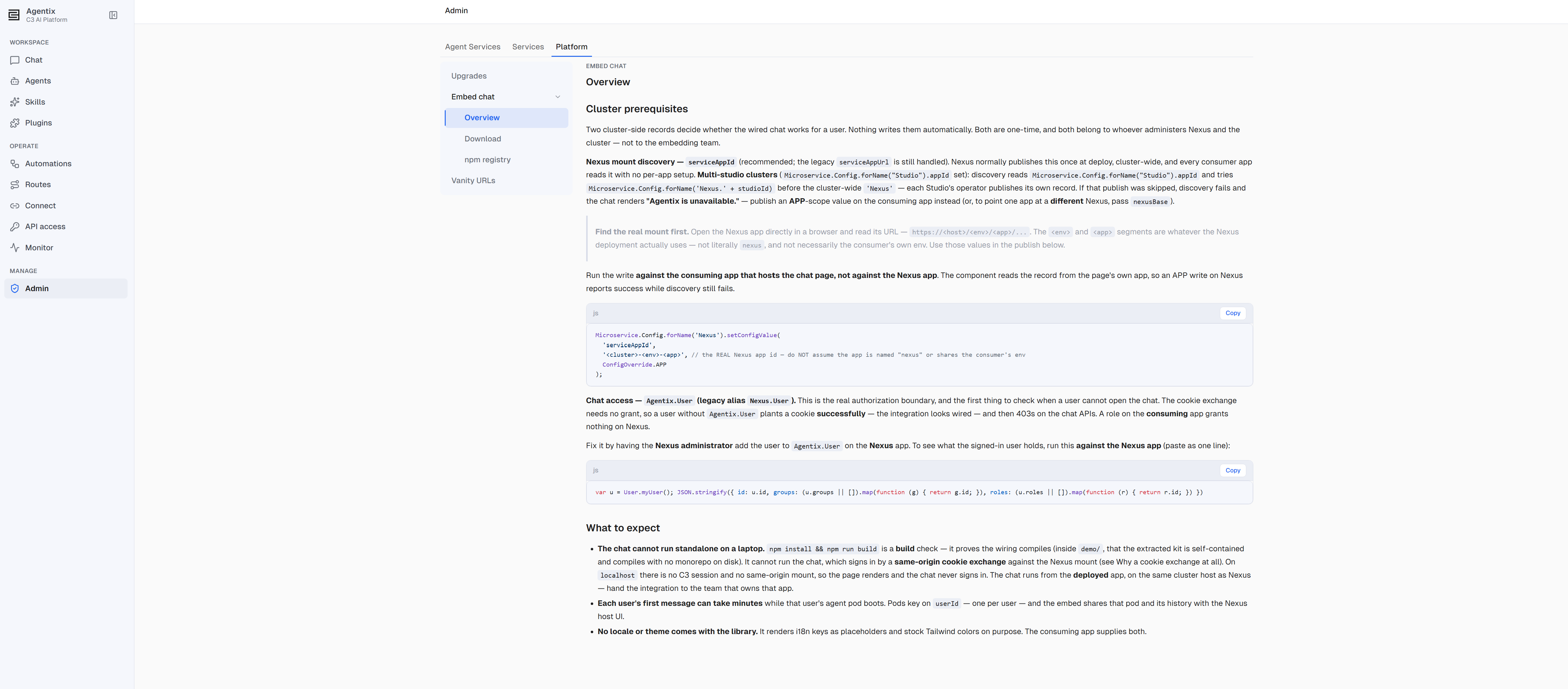 The Overview page under Embed chat on the Platform tab of the Admin page