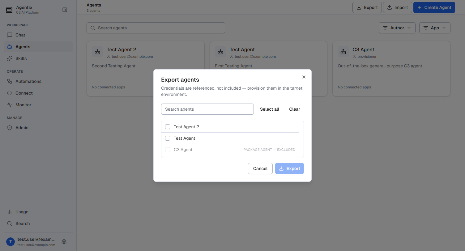 Export agents dialog listing two selectable agents and the built-in agent disabled and marked as excluded