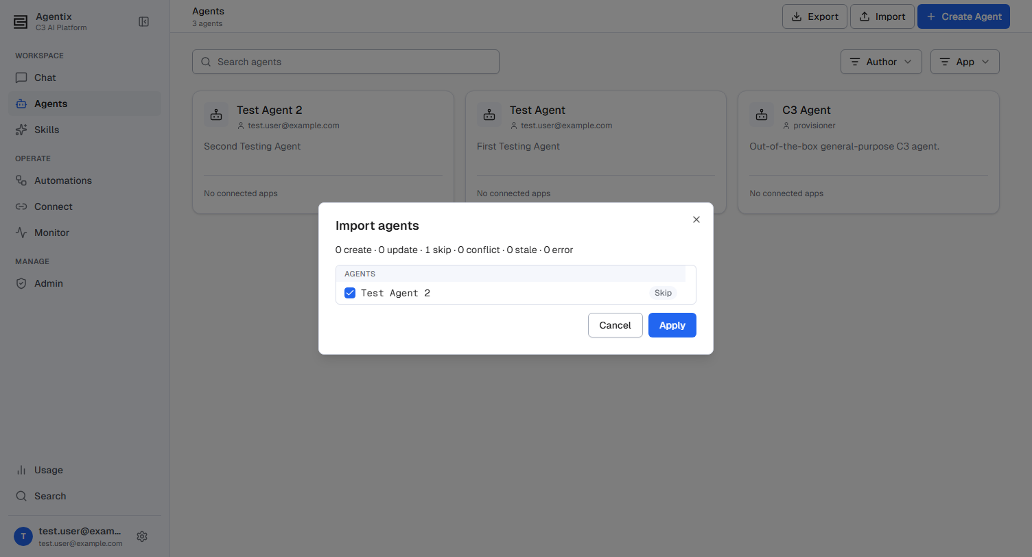 Import preview showing an agent row with a verdict and a create, update, and skip count summary