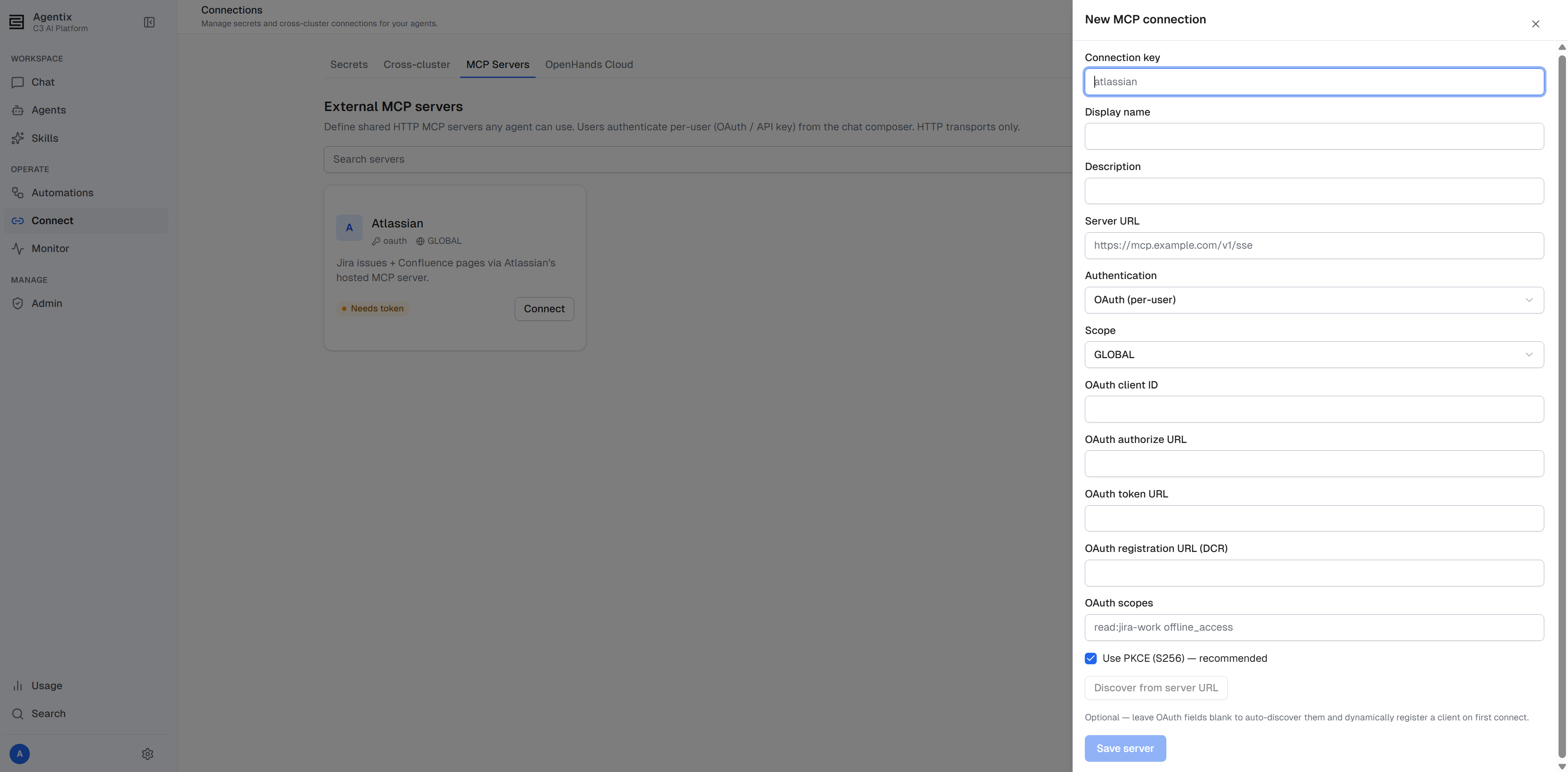 The New MCP connection dialog on the Connect page