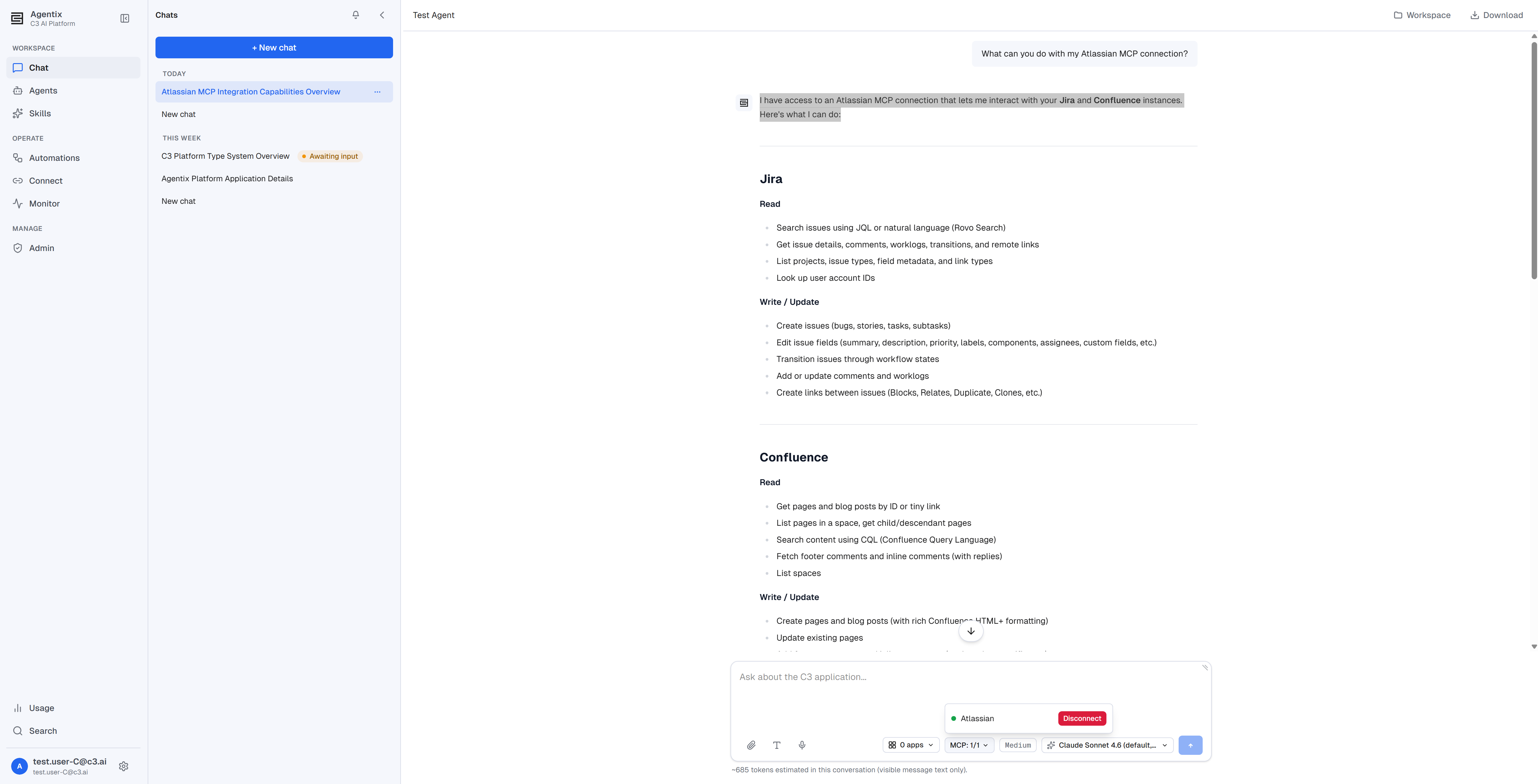 The MCP connection chat menu showing connection status