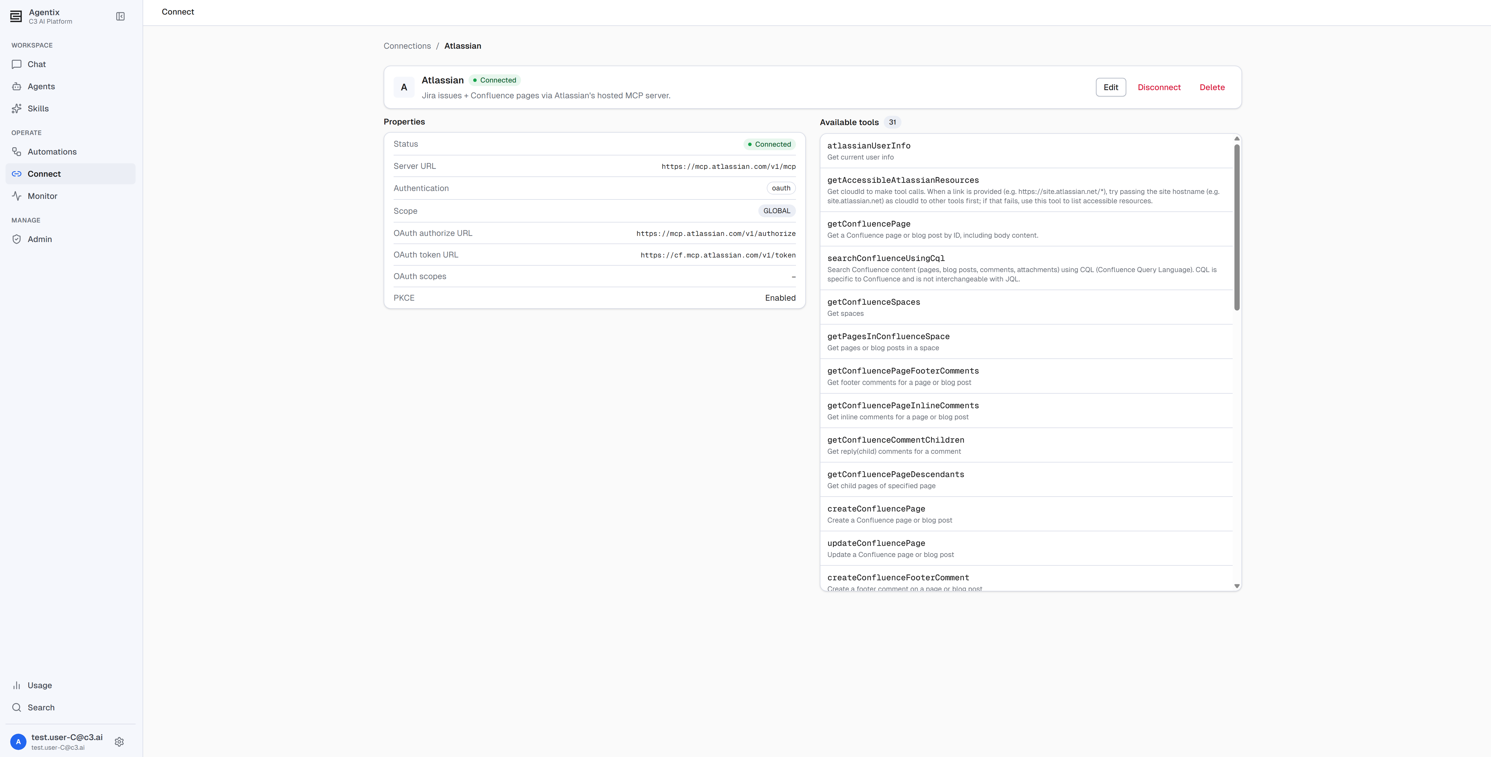 An MCP connection's detail view listing the tools the server exposes