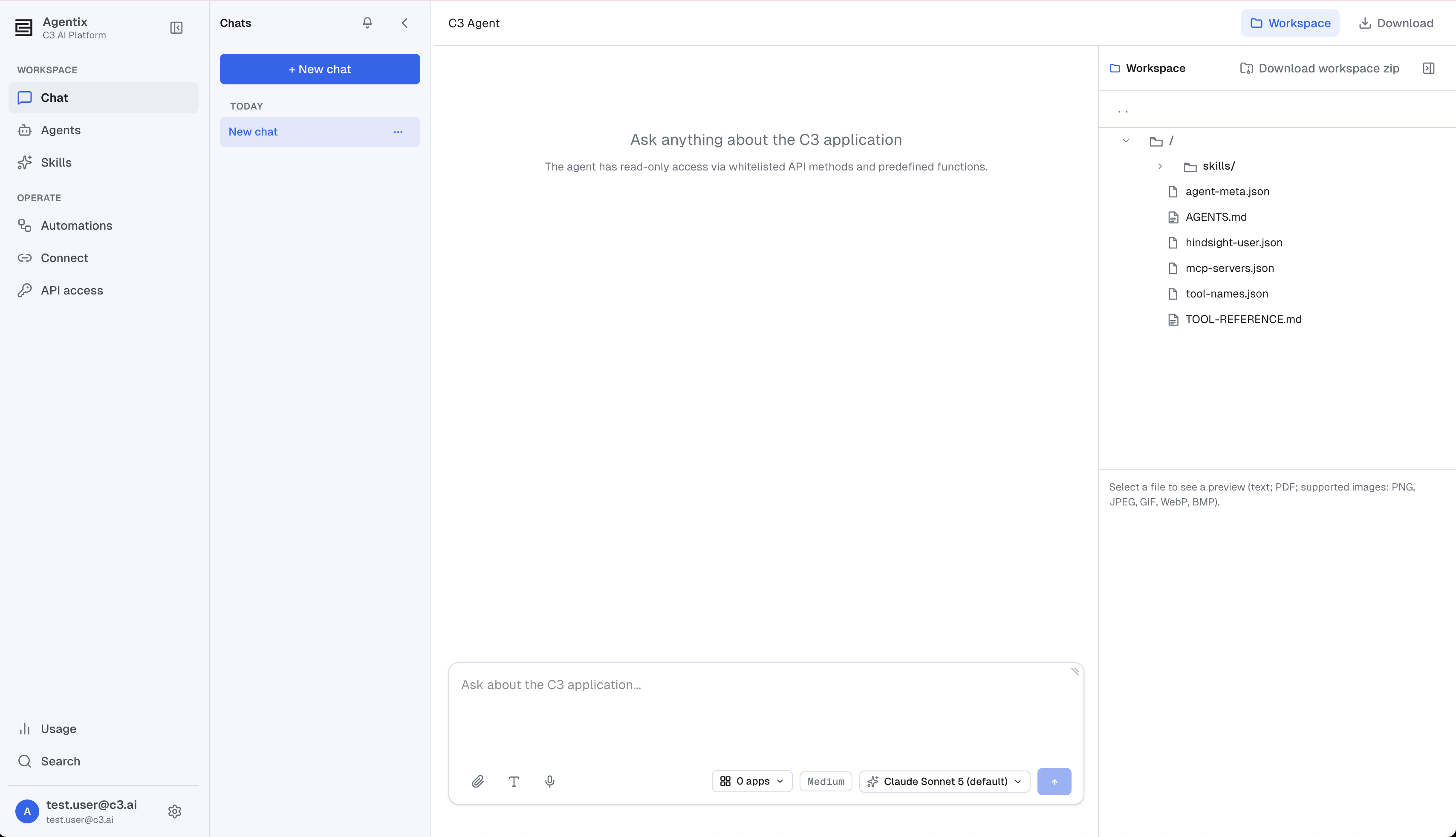 The C3 AI Agentix chat interface: the Chat page with an agent ready to answer questions about a connected C3 application, alongside a Workspace panel listing the agent's session files