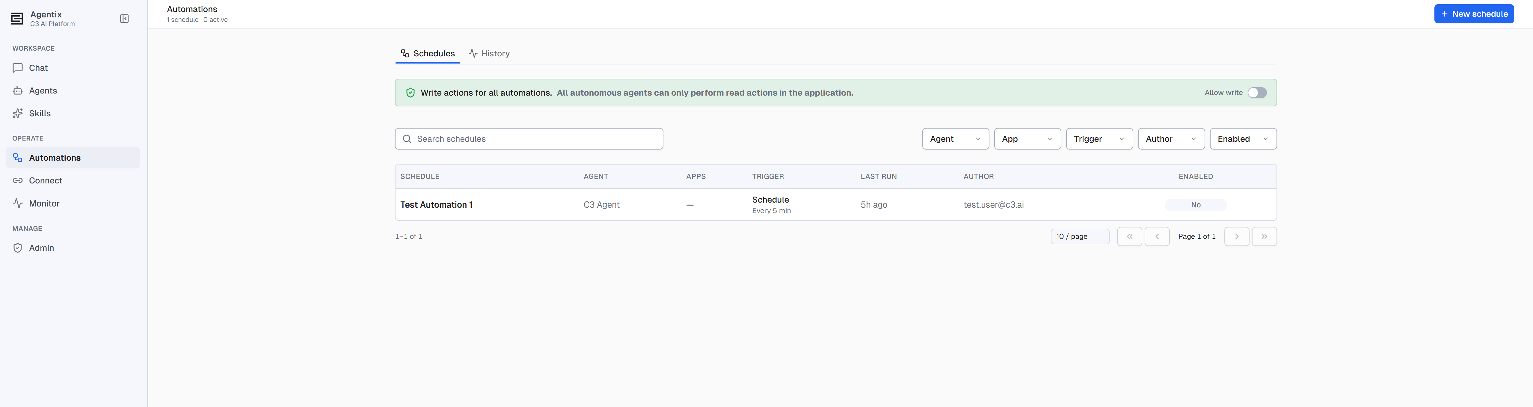 The Schedules tab listing automations with name, agent, connected apps, trigger, last run, author, and enabled columns