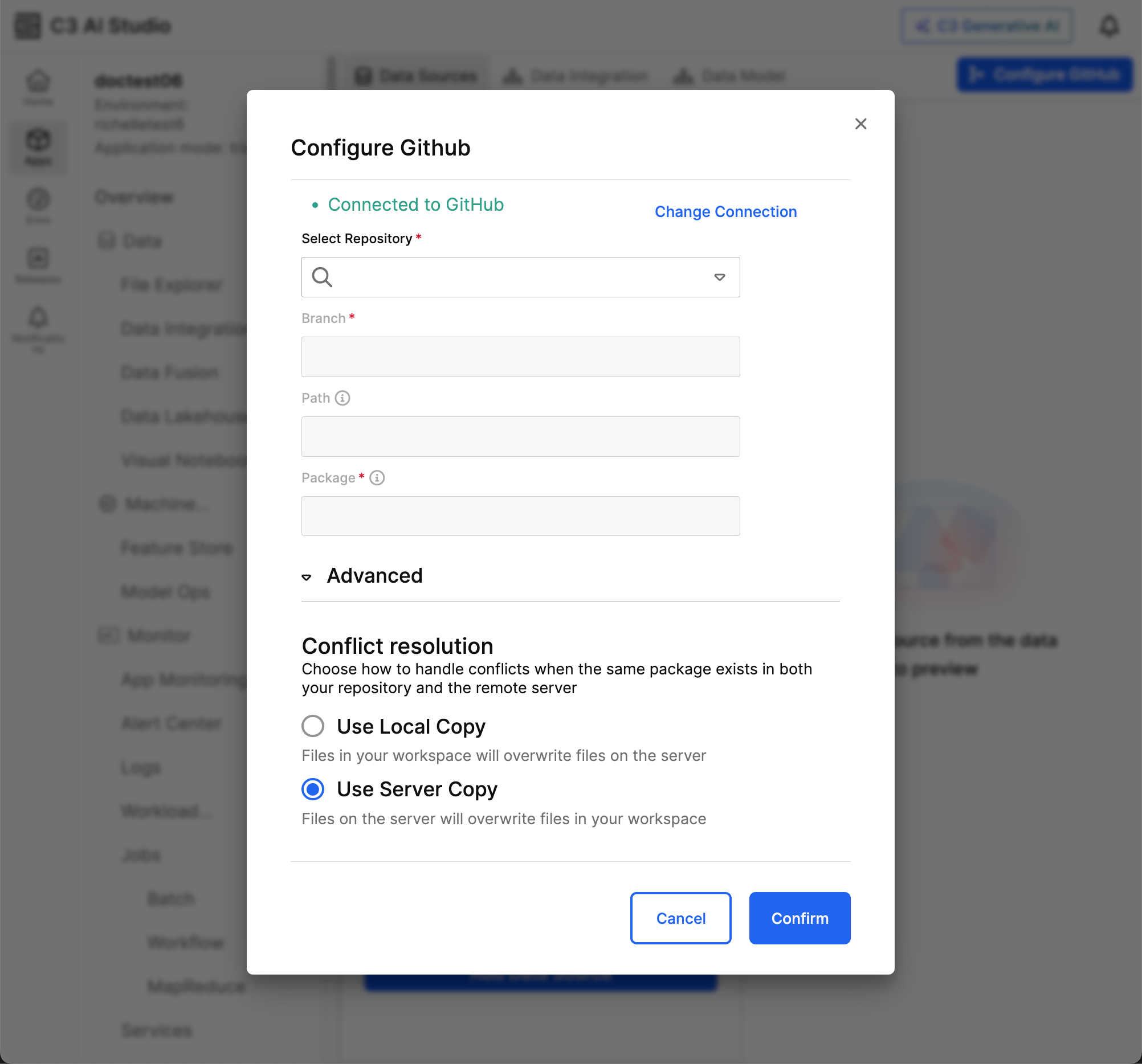 The following image shows the Configure GitHub flow from a running application.