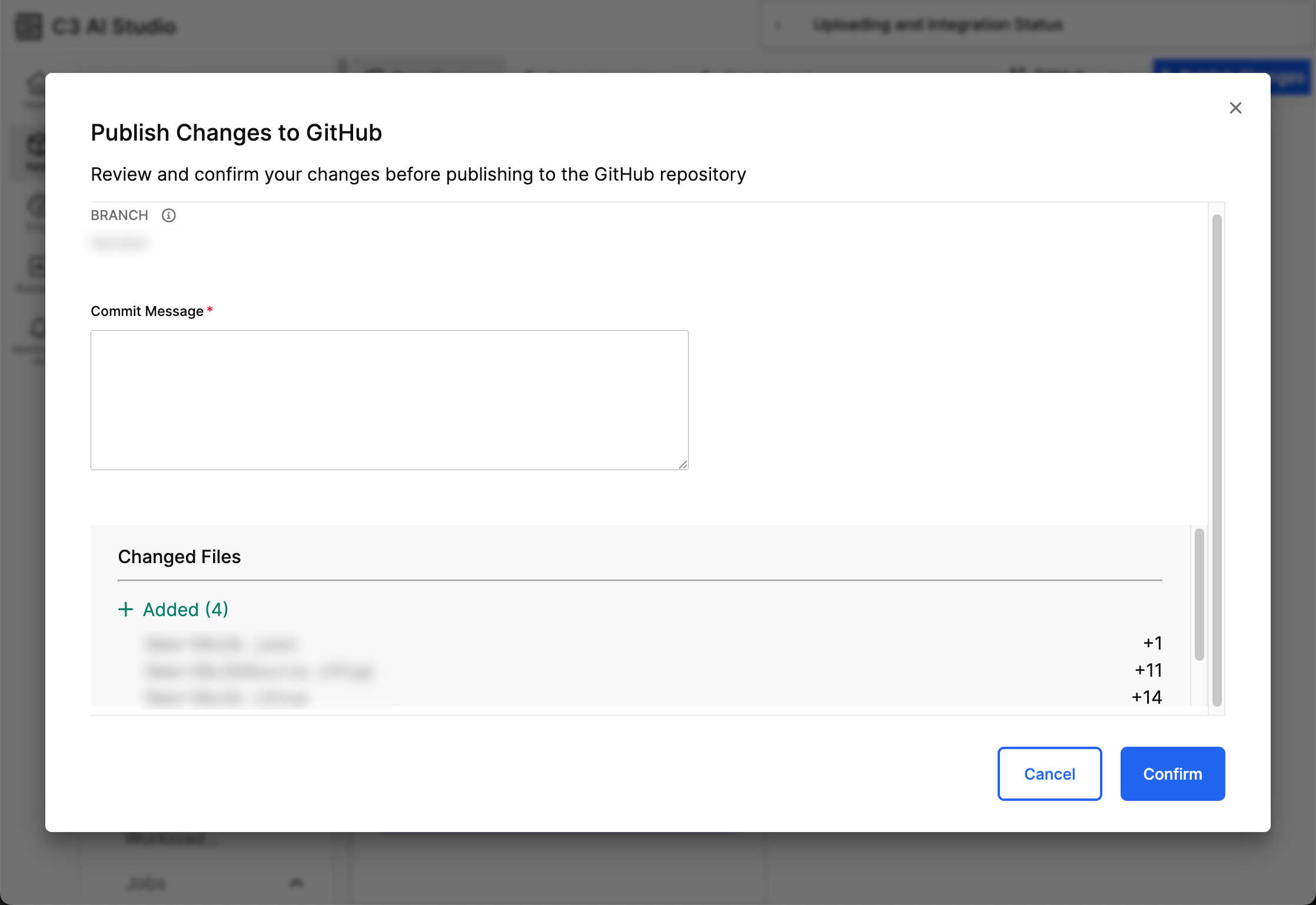 The following image shows the Publish changes to GitHub popup window.