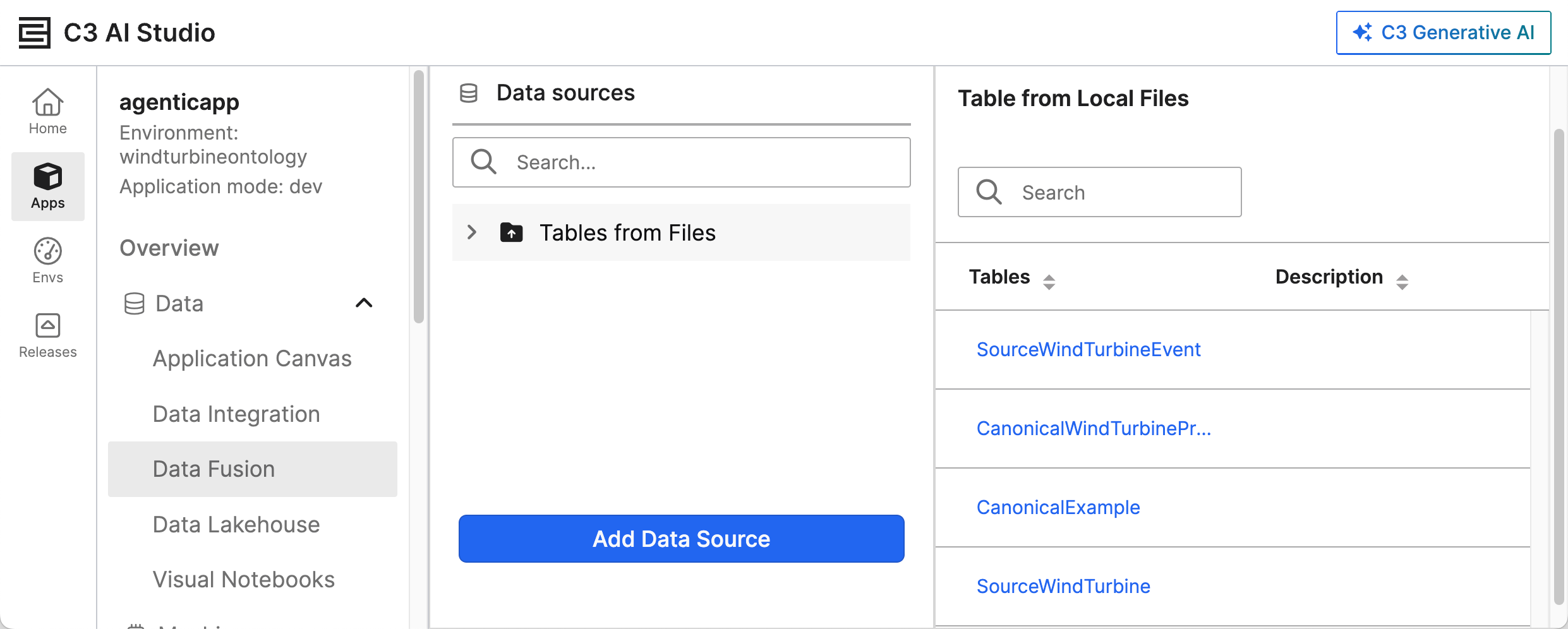 The Data Sources tab with uploaded files selected, listing different source files