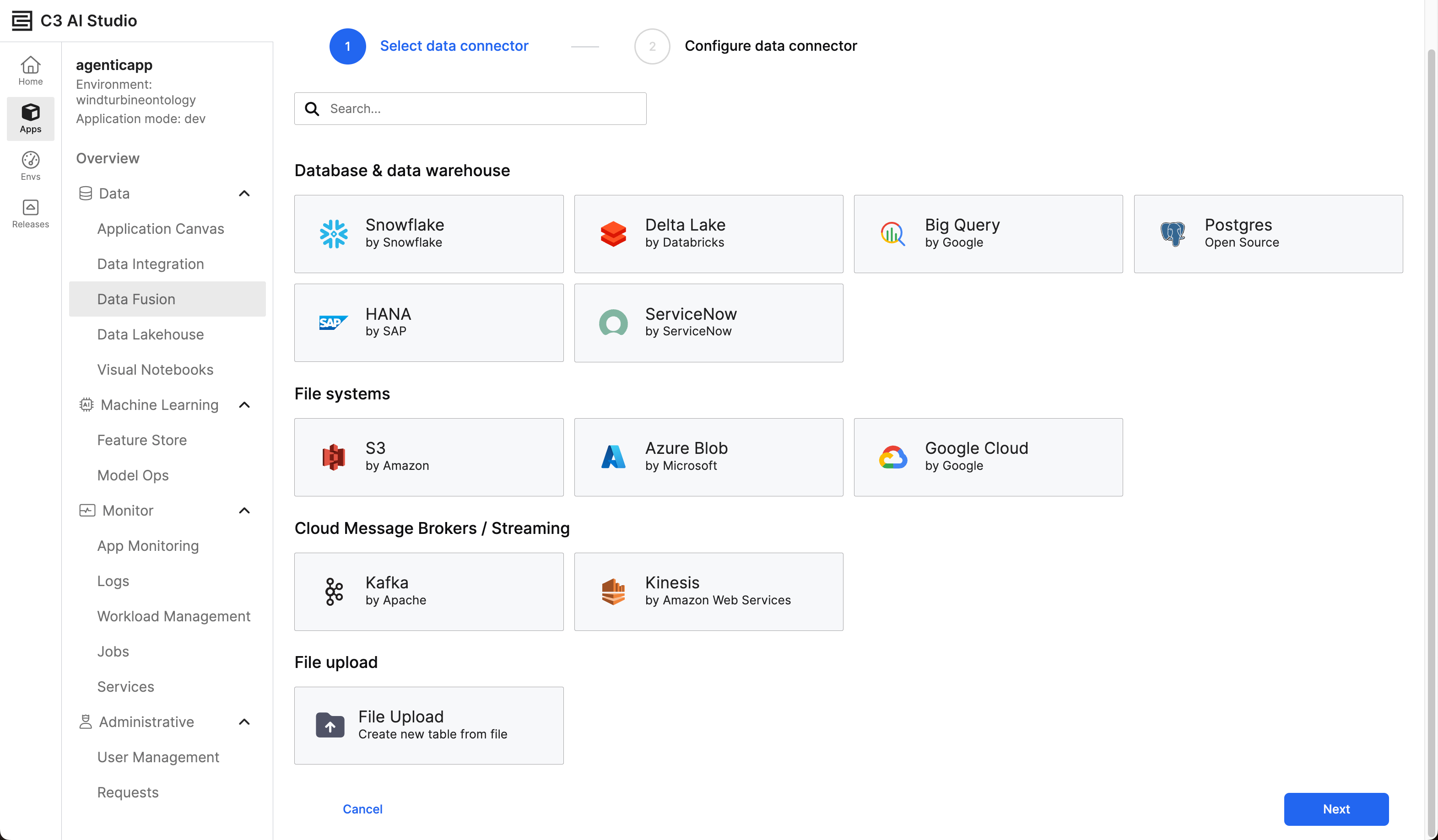 Selection pane for selecting a data connector