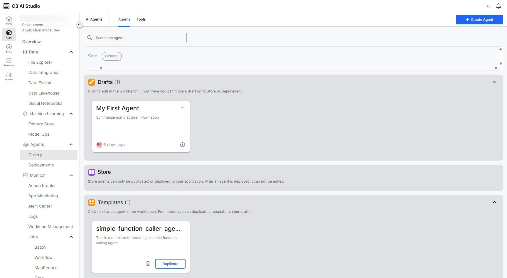 Agent Gallery page in C3 AI Studio