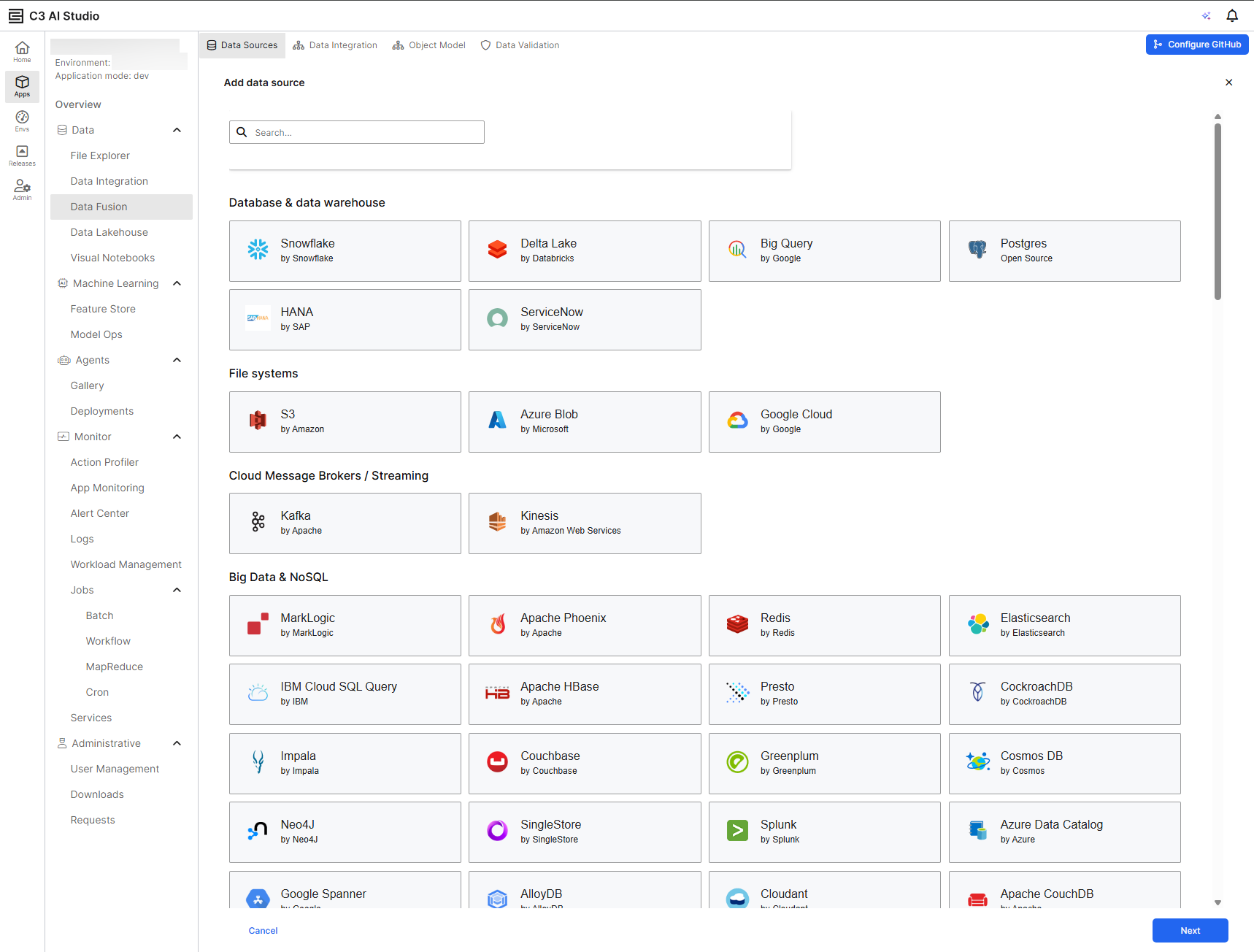 Data Fusion list of supported connectors in C3 AI Studio