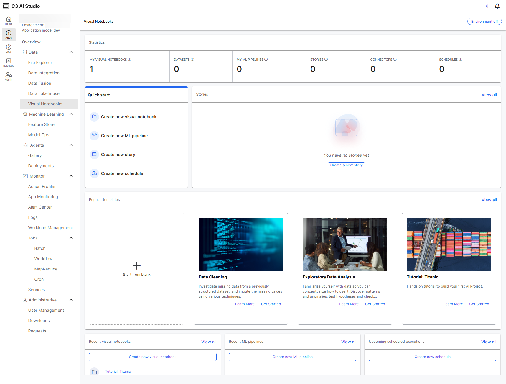 Visual Notebooks landing page in C3 AI Studio