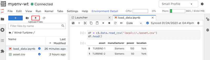 JupyterLab environment - Upload Files button