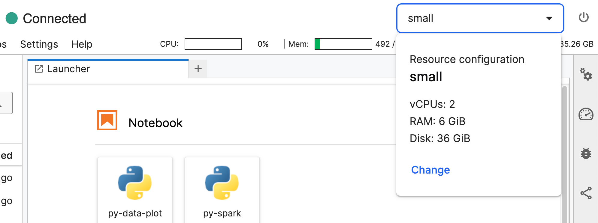 The following shows the Resource configuration dropdown menu expanded to show available CPUs, Disk space, and RAM.