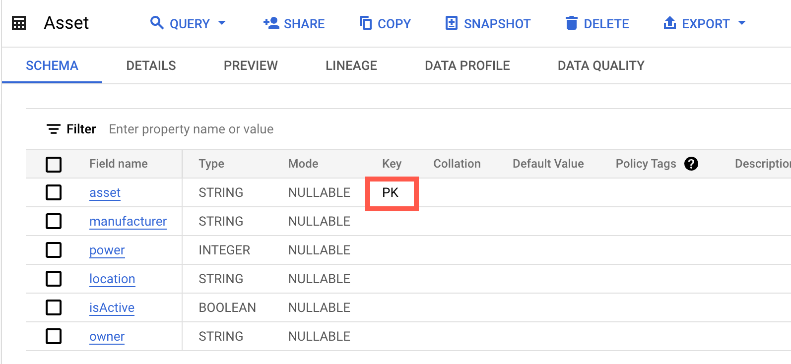 primaryKeyBigQuery