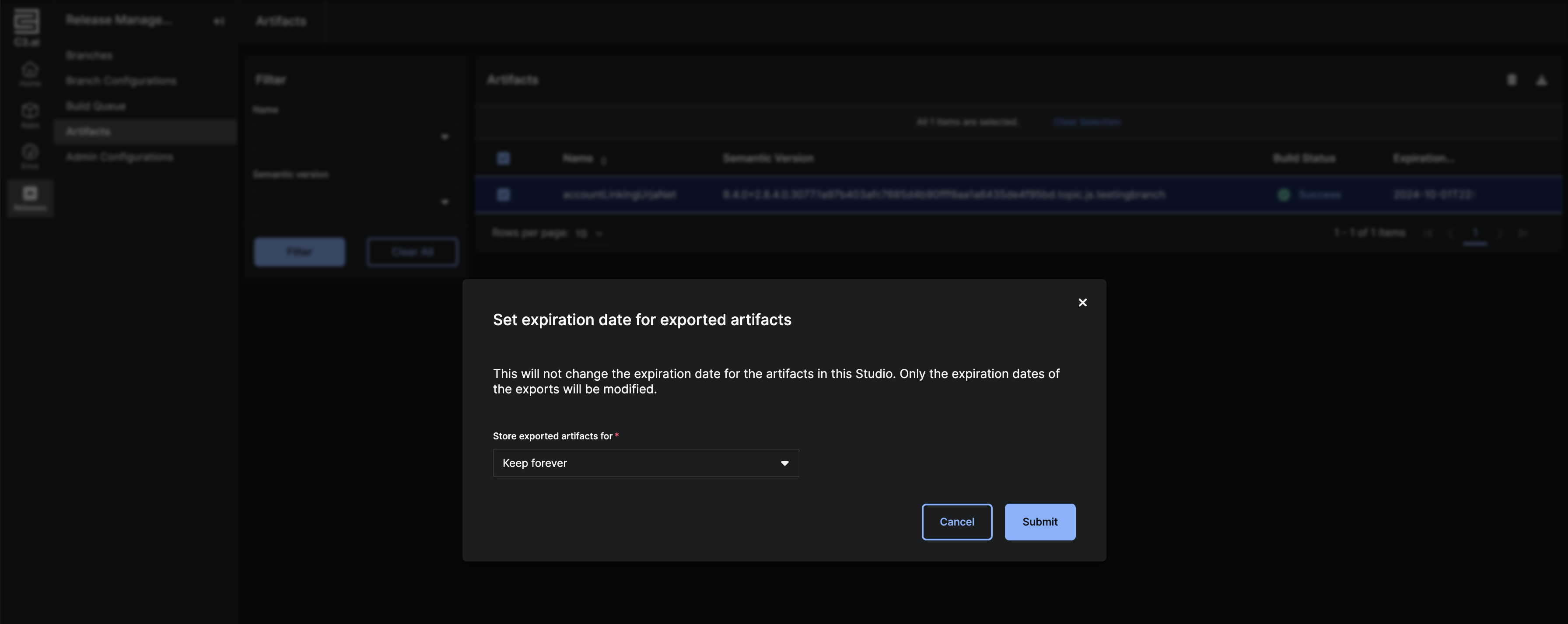 Expiration modal for artifact