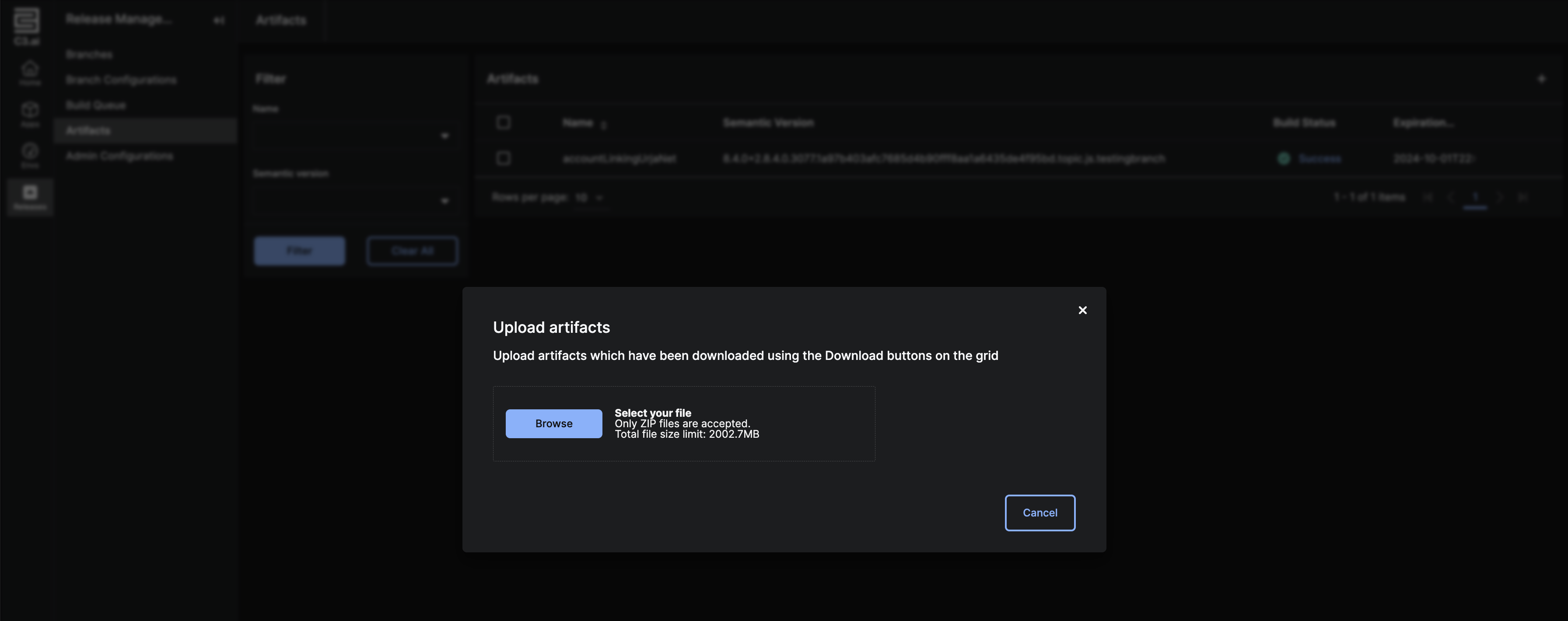 Upload artifact modal