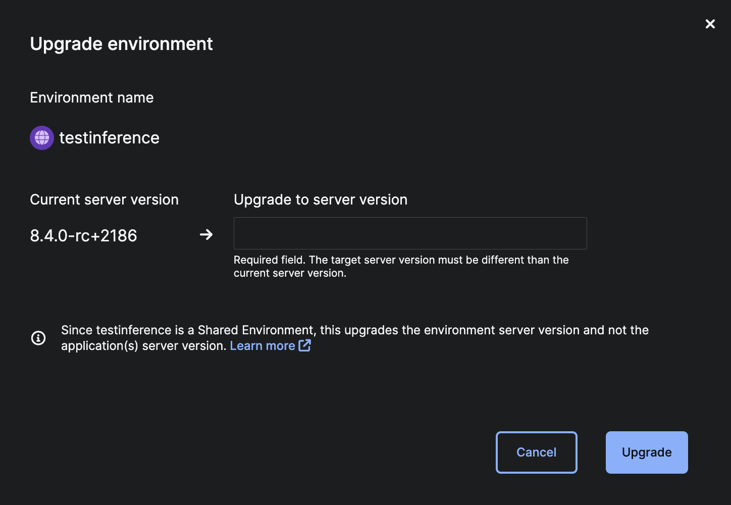 Upgrade Environment window