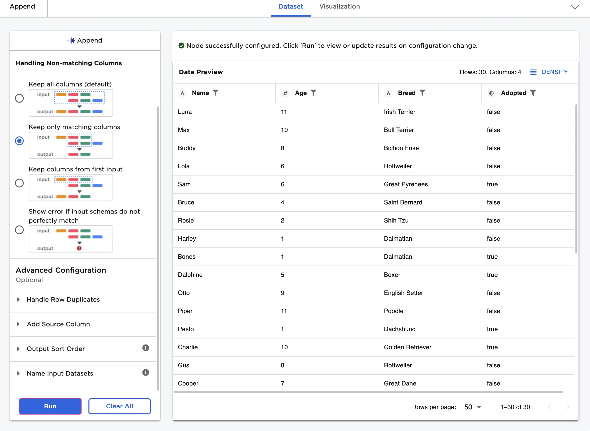 Example dataframe with only matching columns