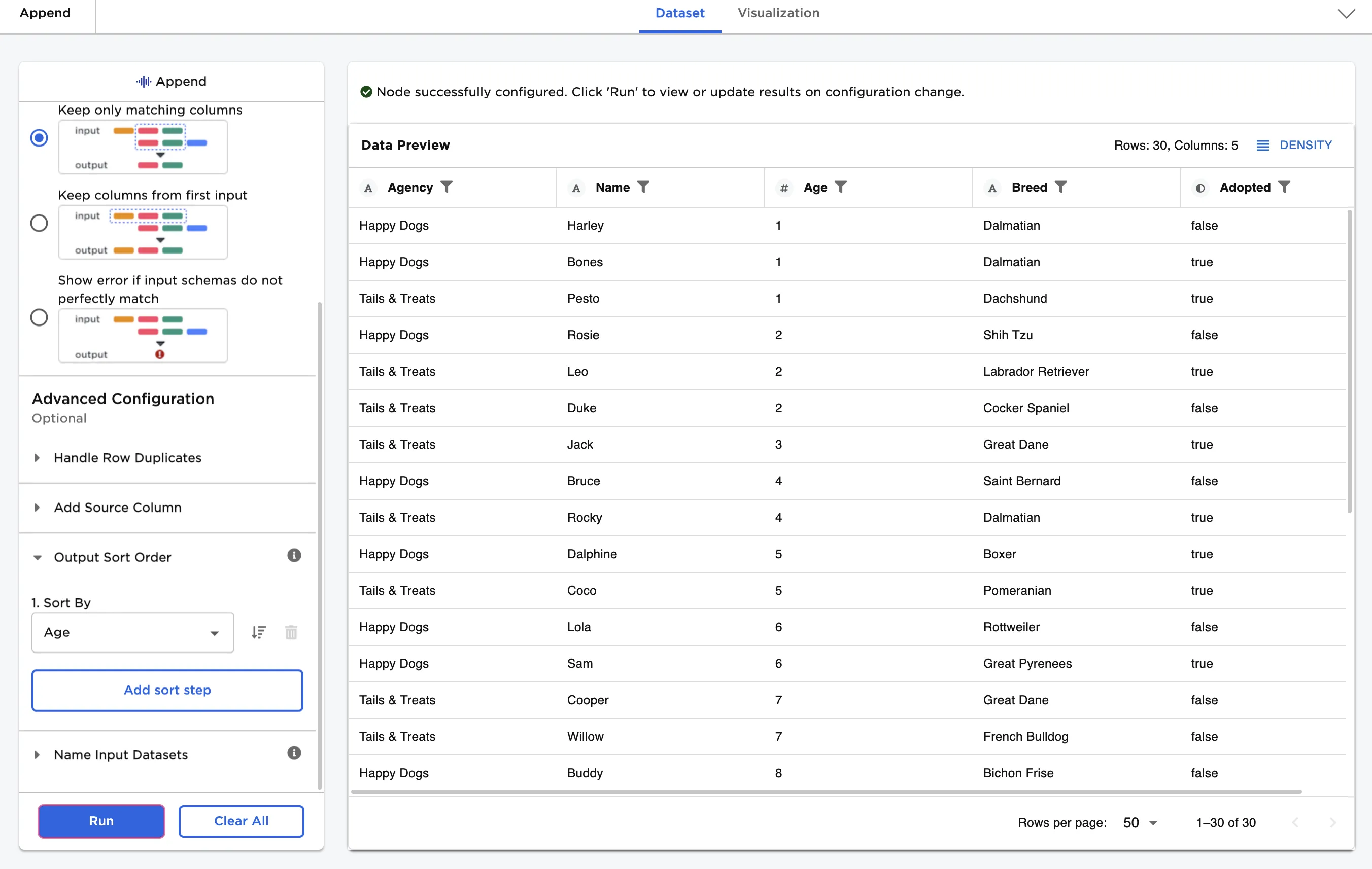 Example dataframe with dogs sorted by age
