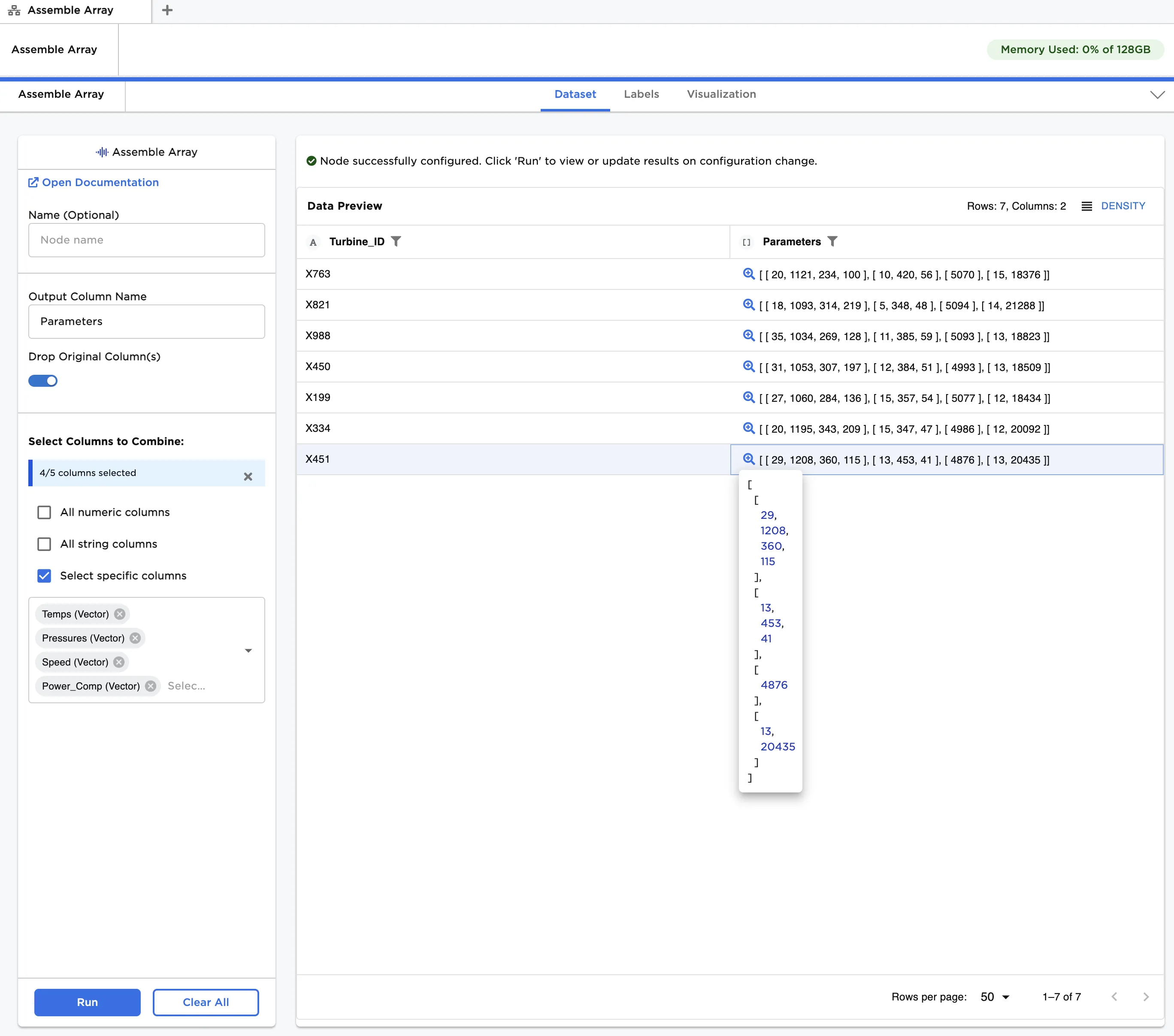 Using "Assemble Array" to create a nested Array: Dataframe