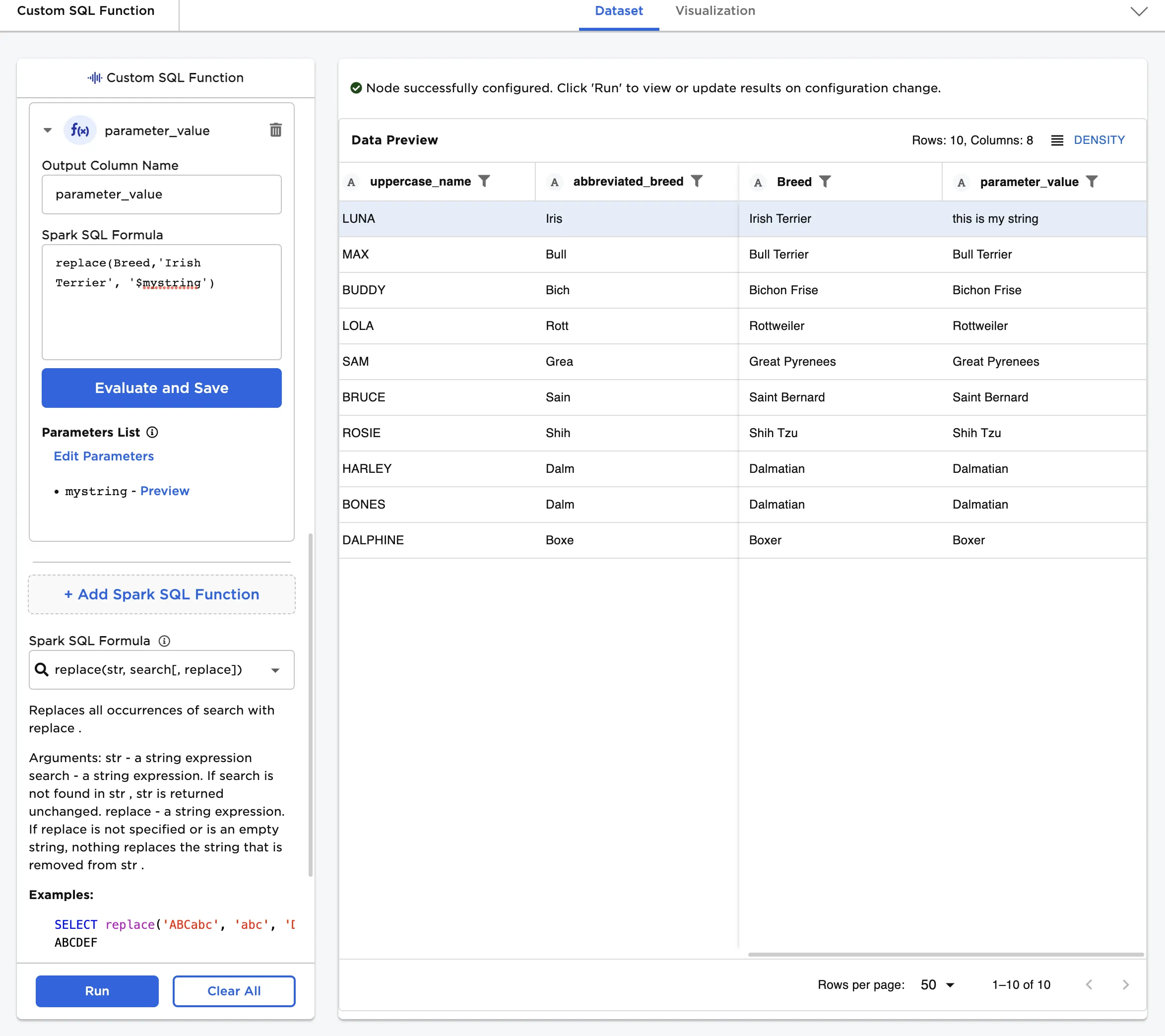 Example dataframe created with a parameter inside a custom SQL formula