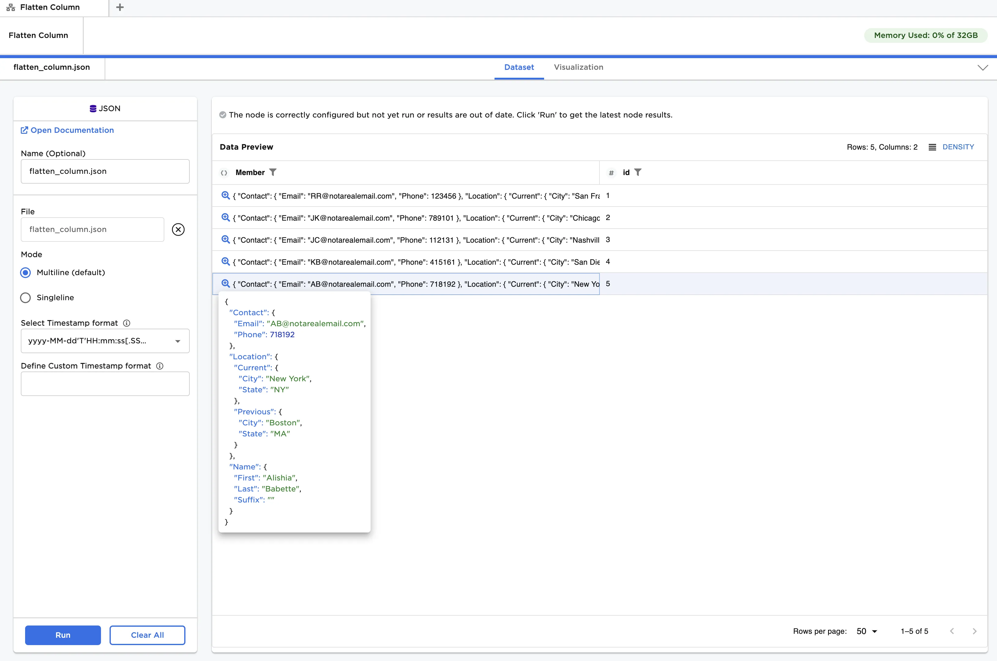 Example input data with a multilevel Object