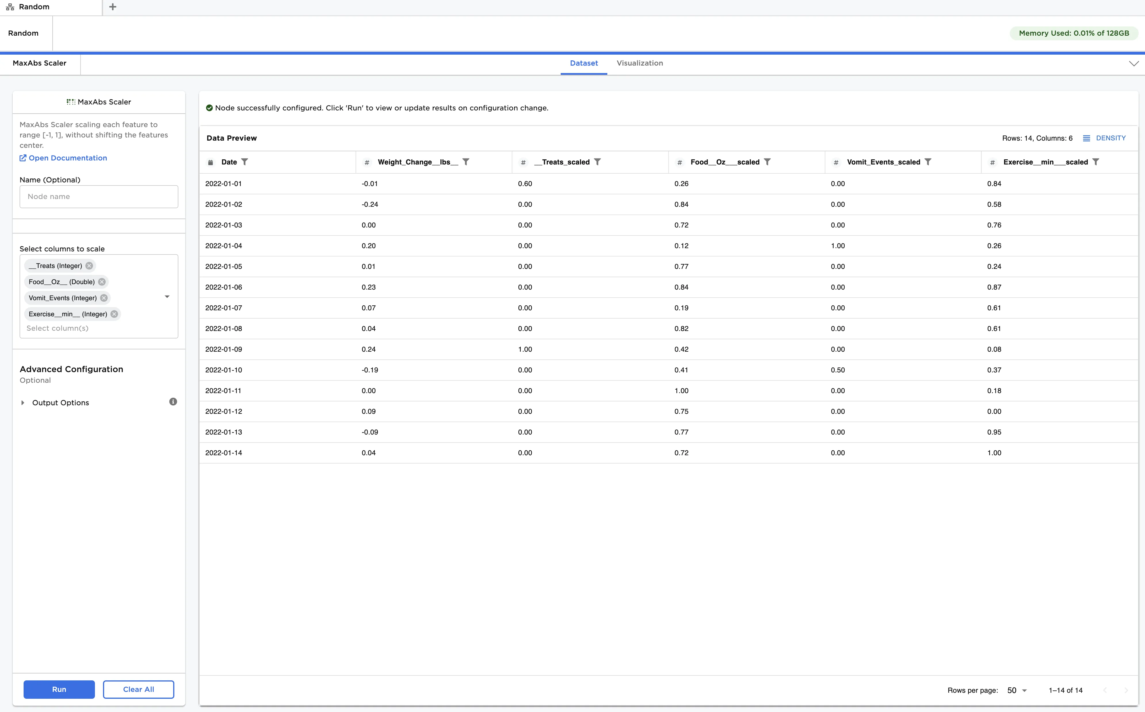 Example dataframe with default settings