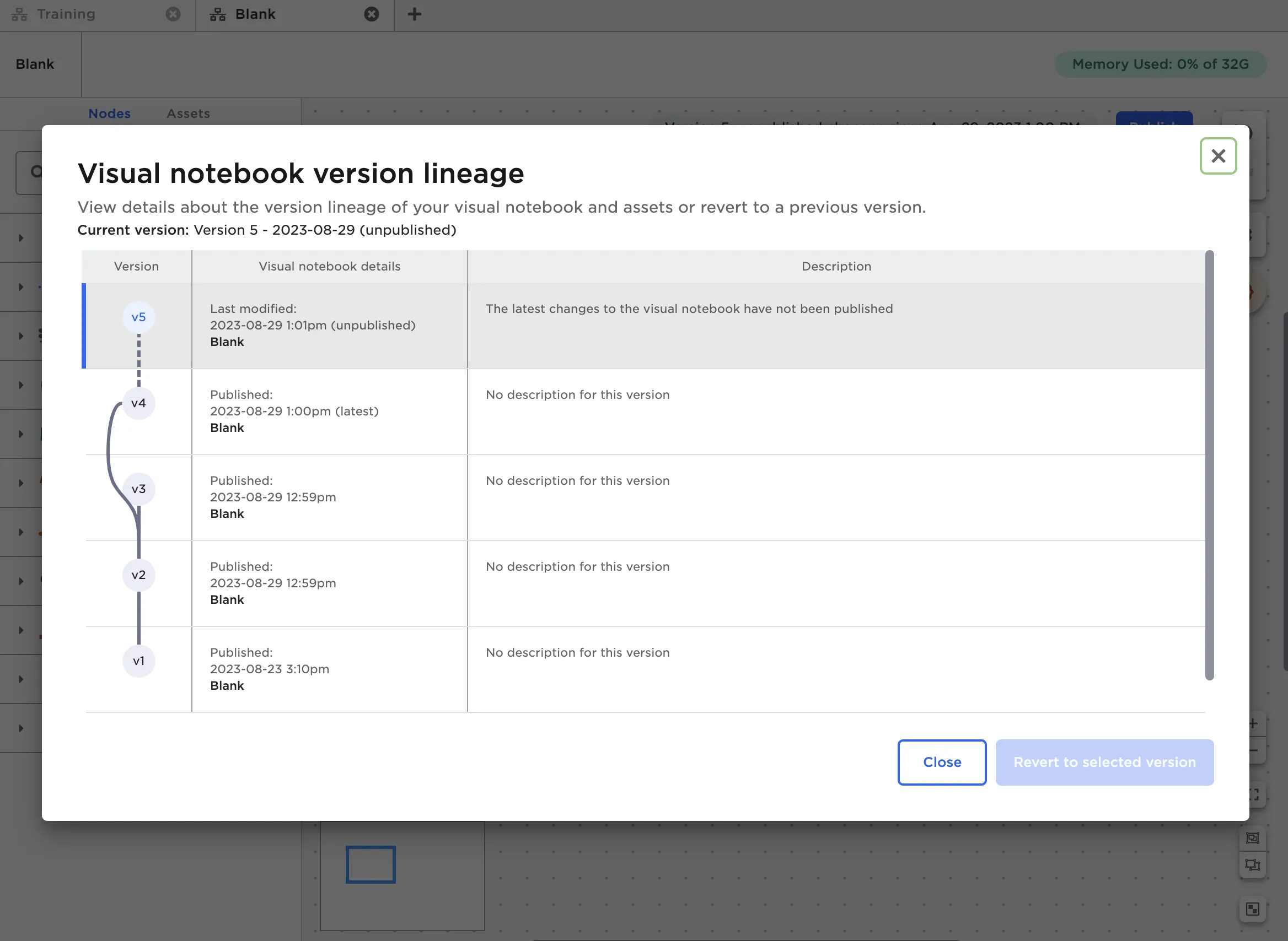 visual notebook lineage modal