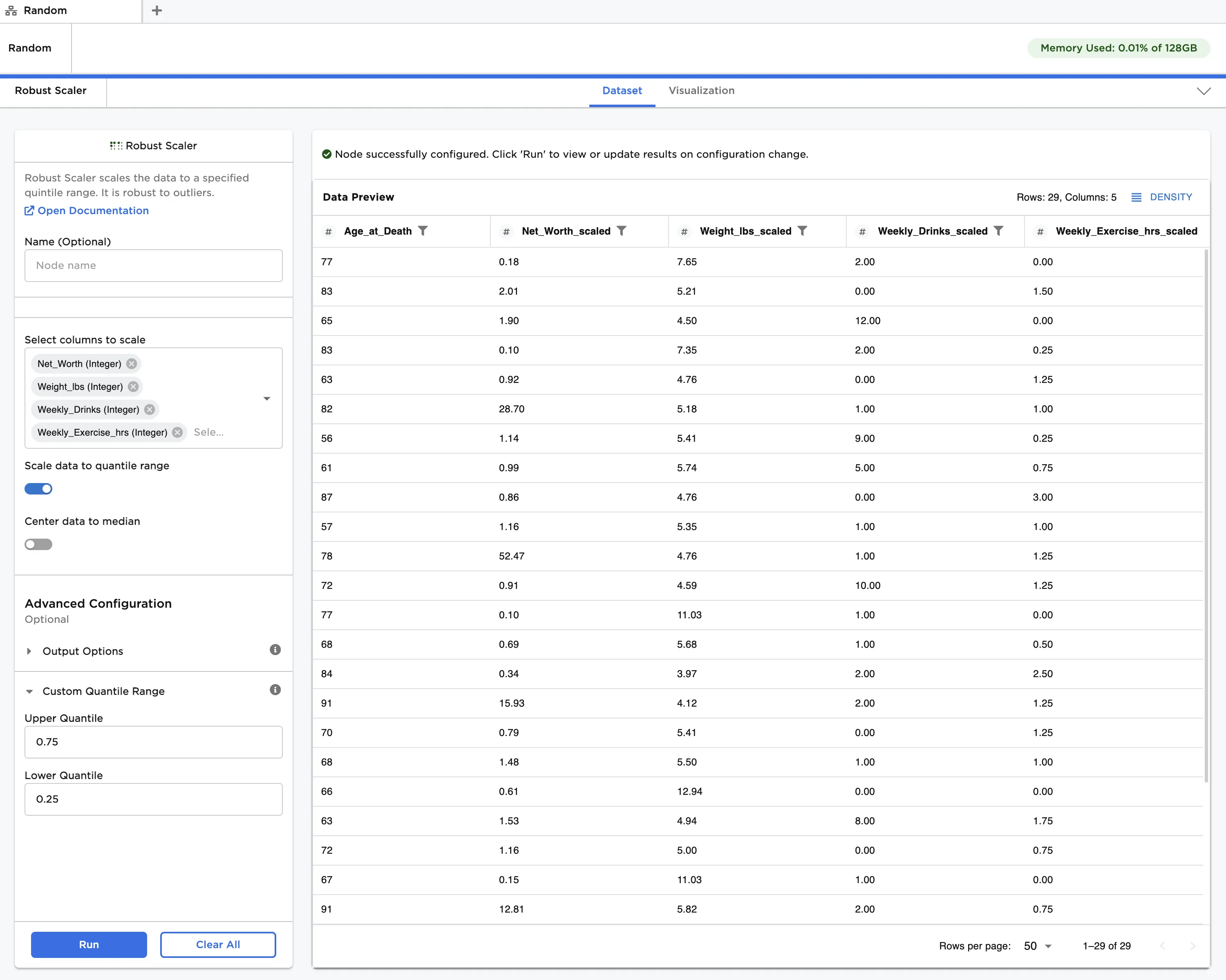 Example dataframe with default settings