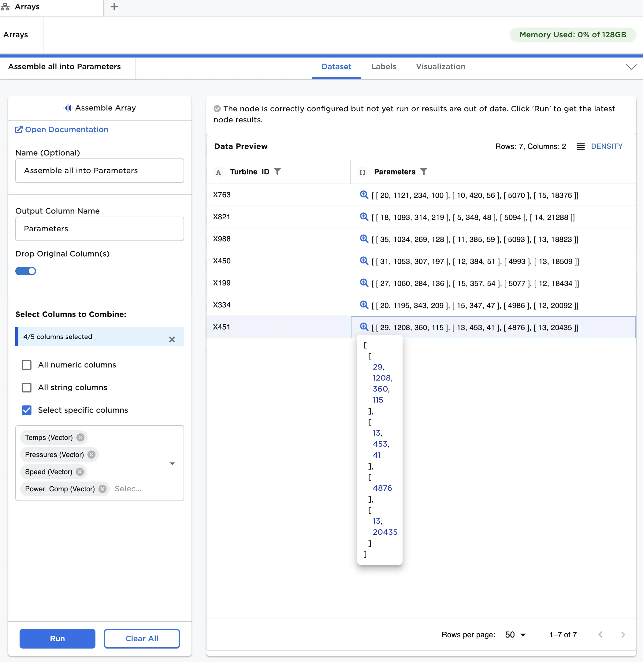 Nested Array of gas turbine operating parameters