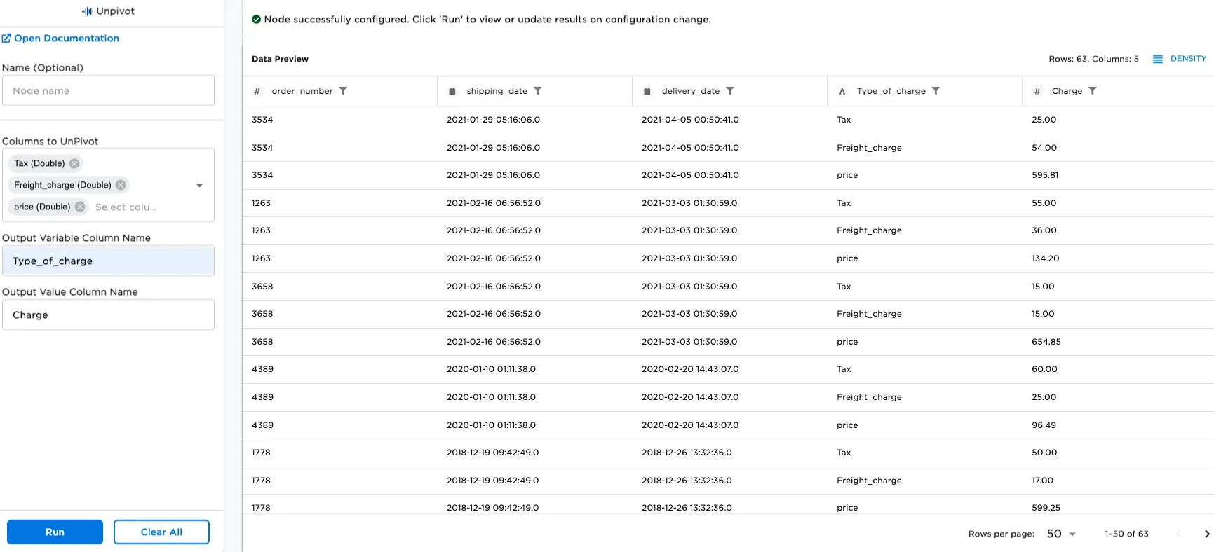 Table showing payment types separated