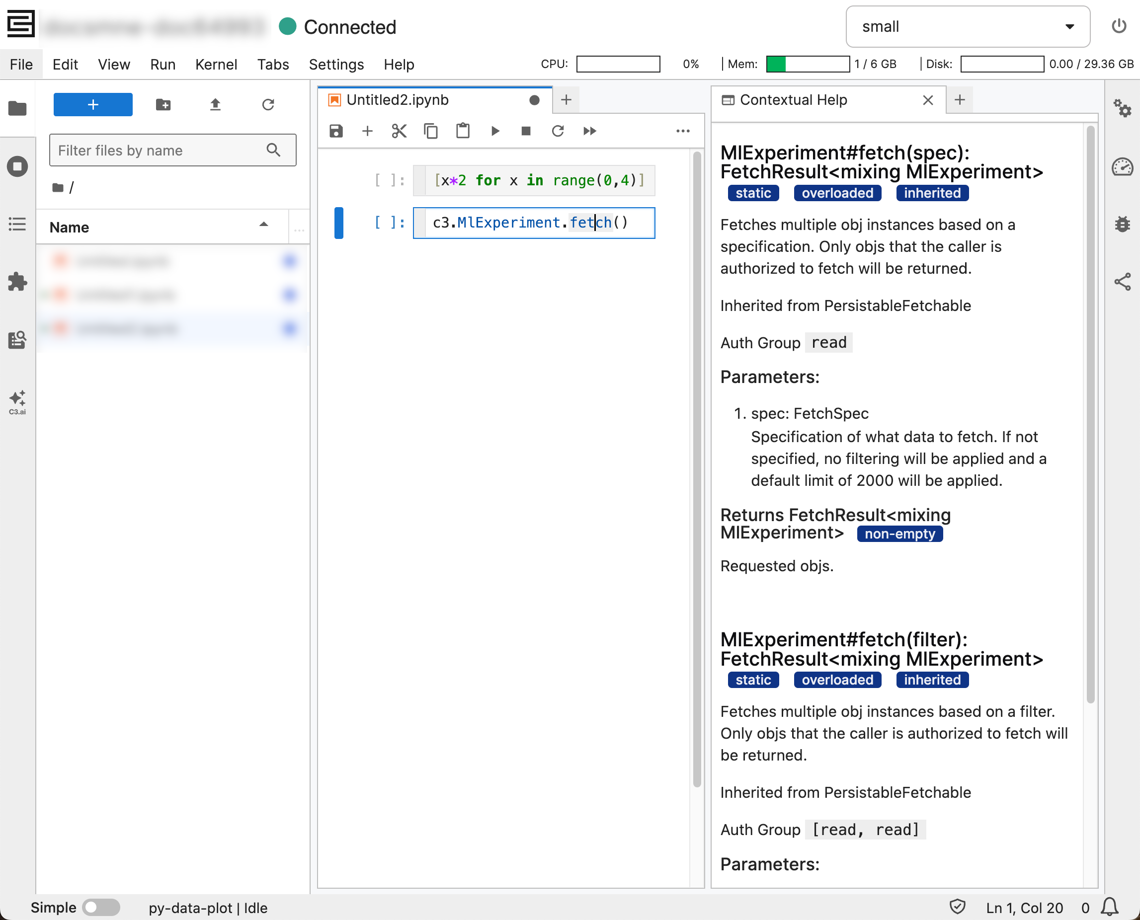 The following shows a screenshot of the Contextual Help tab explaining the MlExperimentTracker#fetch function.
