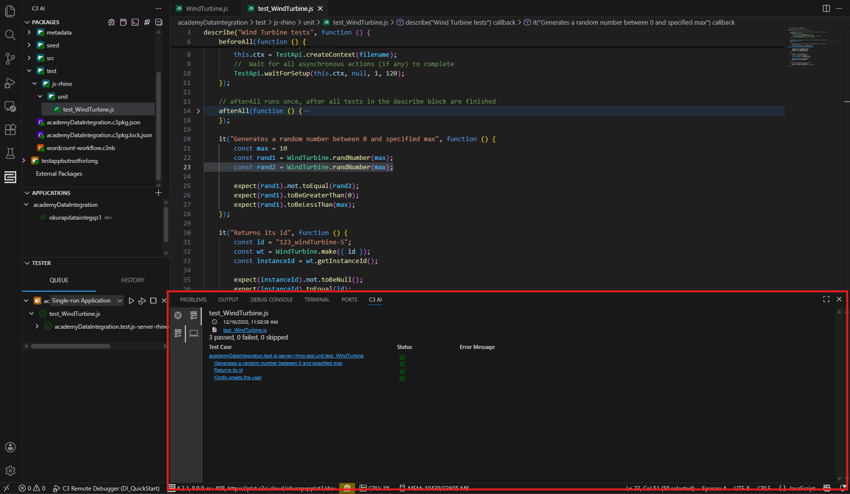 C3 AI VSCE interface with the bottom panel highlighted