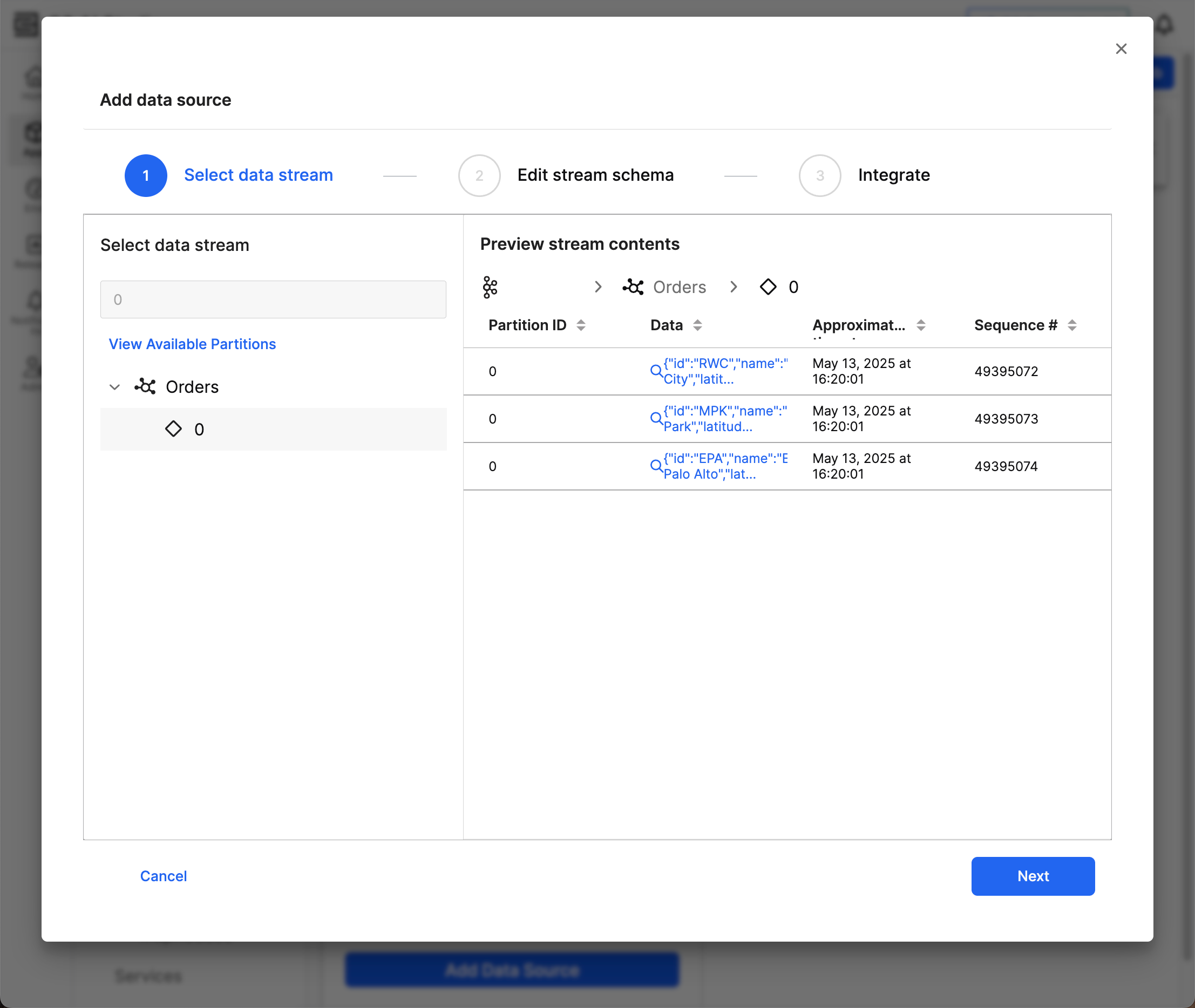 The Select data stream stage of the Add data source popup.